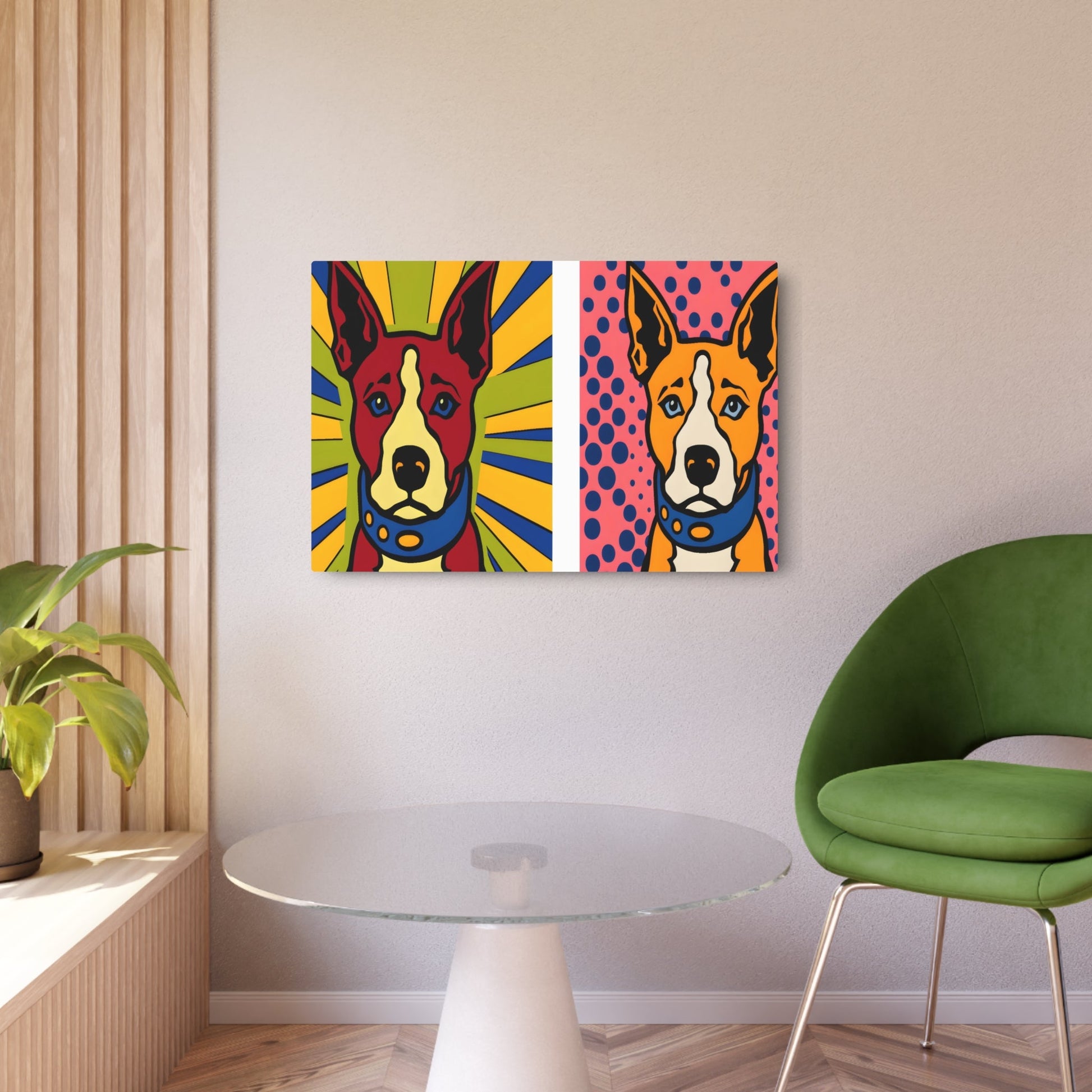 Metal Poster Art | "Modern Pop Art Painting: Vibrant, Colorful Dog in Andy Warhol Style with Roy Lichtenstein's Bold Dotted Background - Contemporary Pop - Metal Poster Art 36″ x 24″ (Horizontal) 0.12''