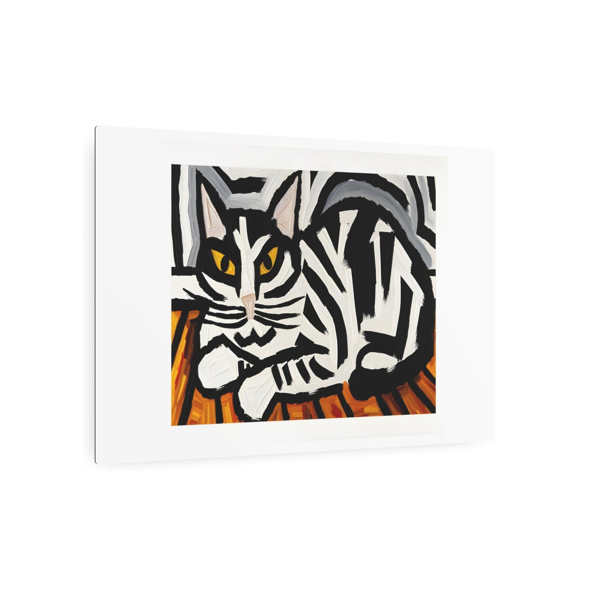 Metal Poster Art | "Expressionist Western Art Style: Emotional Black & White Striped Cat in Bold Distorted Shapes - Abstract Expressionism Artwork" - Metal Poster Art 36″ x 24″ (Horizontal) 0.12''