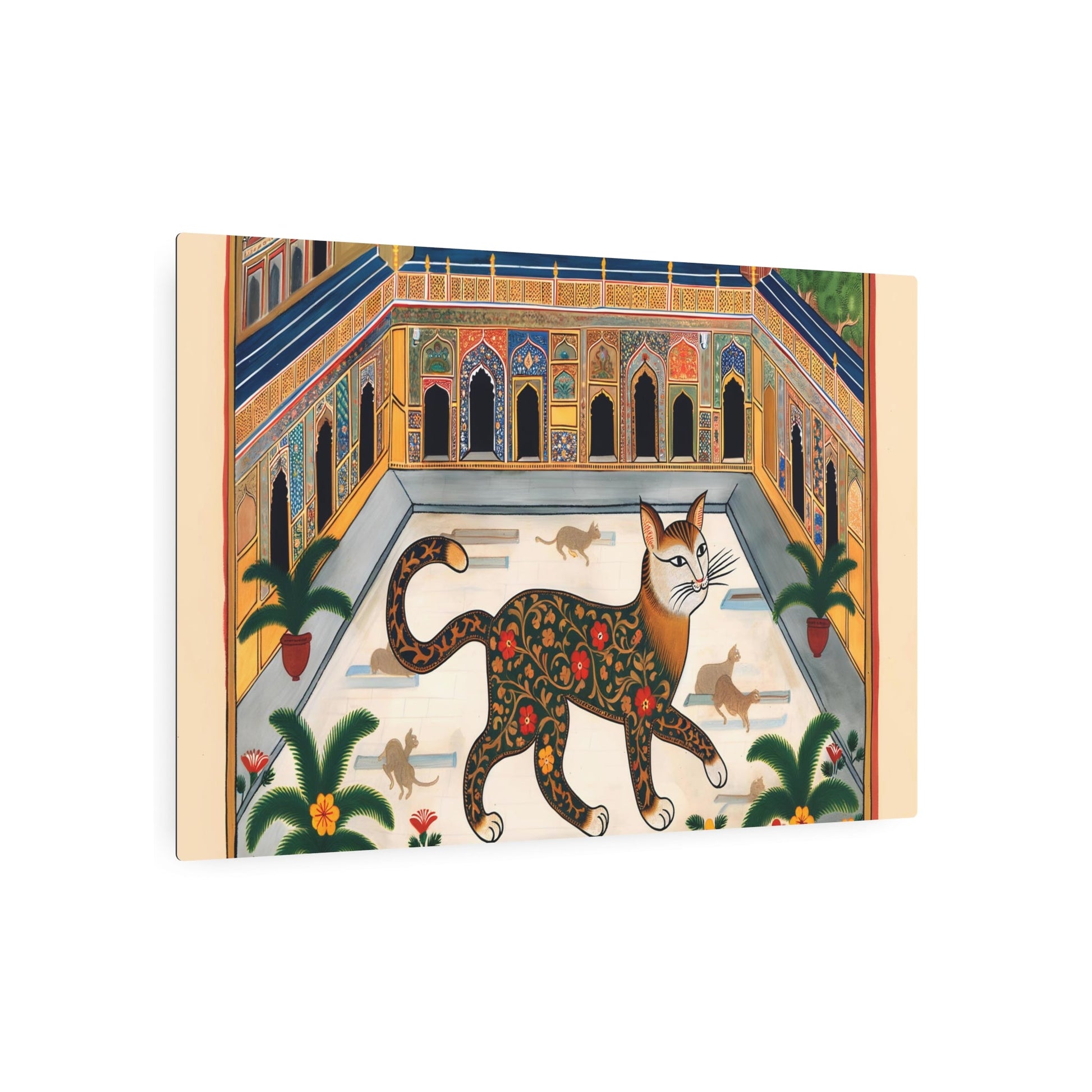 Metal Poster Art | "Mughal Miniature Art: Elegant Cat Prancing in Vibrant South Asian Palace Courtyard - Non-Western & Global Styles" - Metal Poster Art 36″ x 24″ (Horizontal) 0.12''