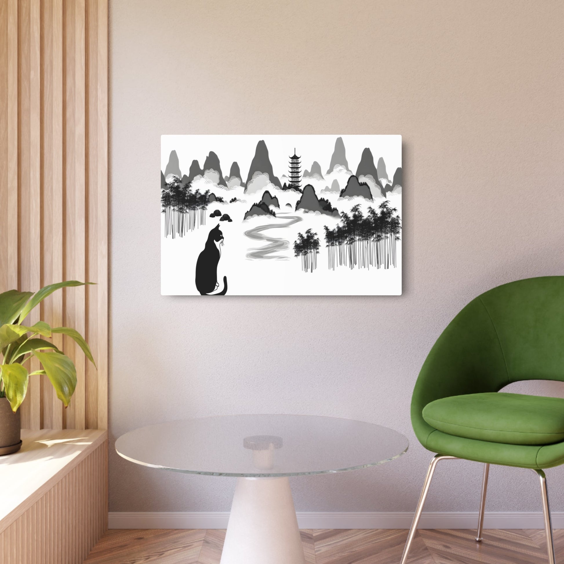 Metal Poster Art | "Graceful Chinese Ink Painting: Traditional Landscape Art Featuring Mountains, Rivers, Bamboo Trees, and Pagoda with Peaceful Cat - Asian Art Styles, - Metal Poster Art 36″ x 24″ (Horizontal) 0.12''