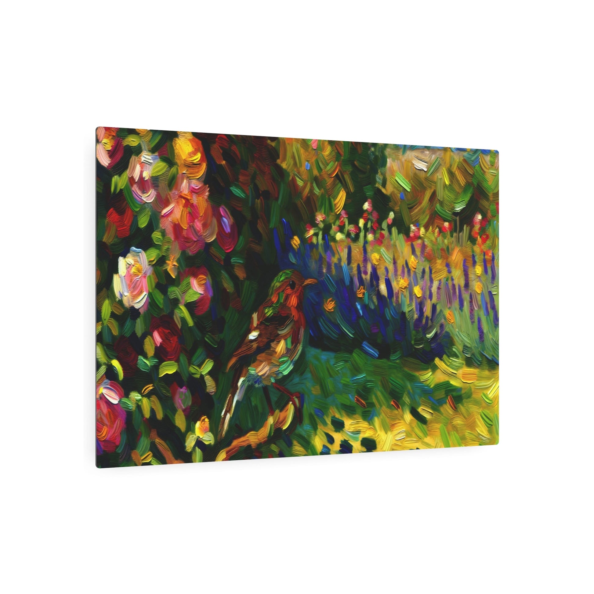 Metal Poster Art | "Impressionist Western Art Style - Vibrant Sunlit Garden with Bird amongst Flowers" - Metal Poster Art 36″ x 24″ (Horizontal) 0.12''