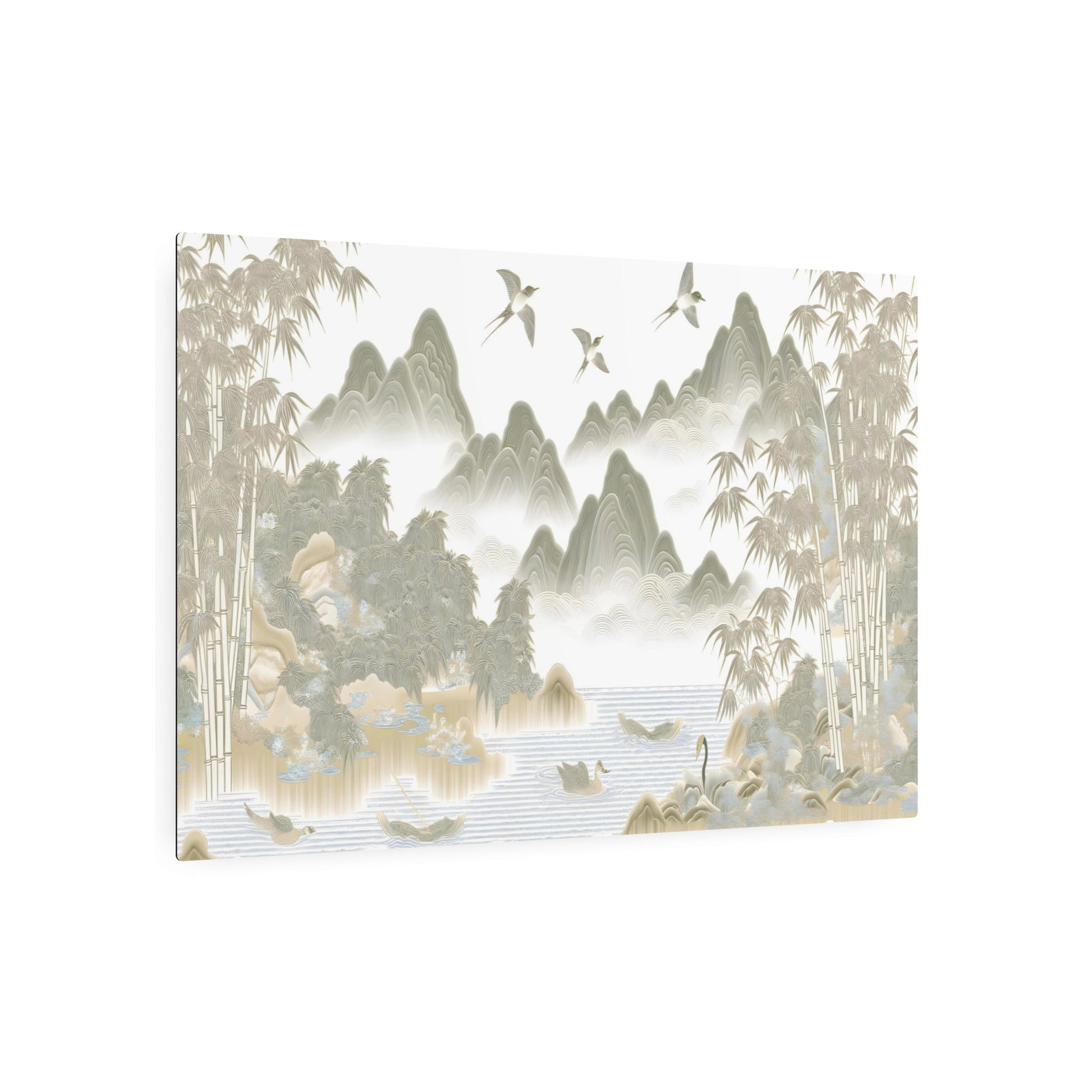 Metal Poster Art | "Traditional Chinese Silk Painting Artwork with Bamboo, Birds, and Mountain Landscape - Tranquil Asian Art in Subtle Rich Colors" - Metal Poster Art 36″ x 24″ (Horizontal) 0.12''