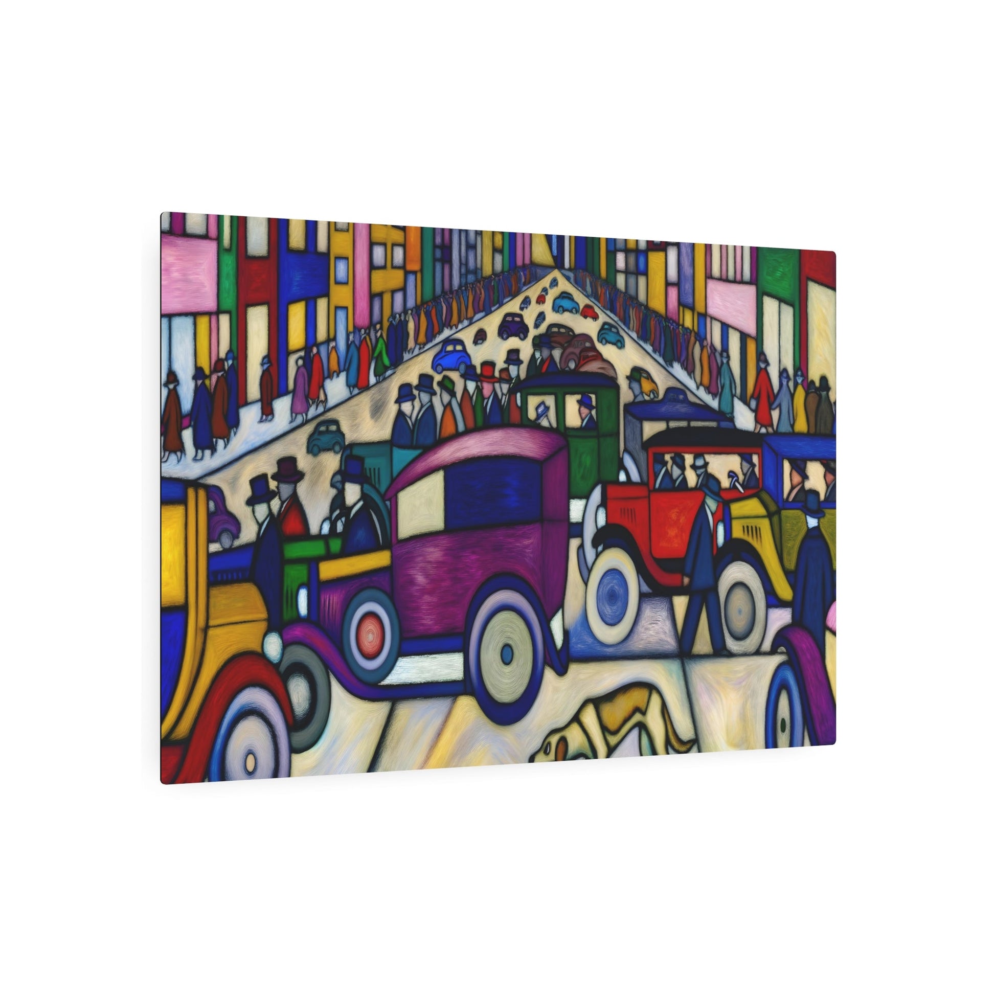 Metal Poster Art | "Vibrant Expressionist Western Art Style - NYC Scene with Dog Navigating Bustling Streets - Colorful, Distorted Visuals Challeng - Metal Poster Art 36″ x 24″ (Horizontal) 0.12''