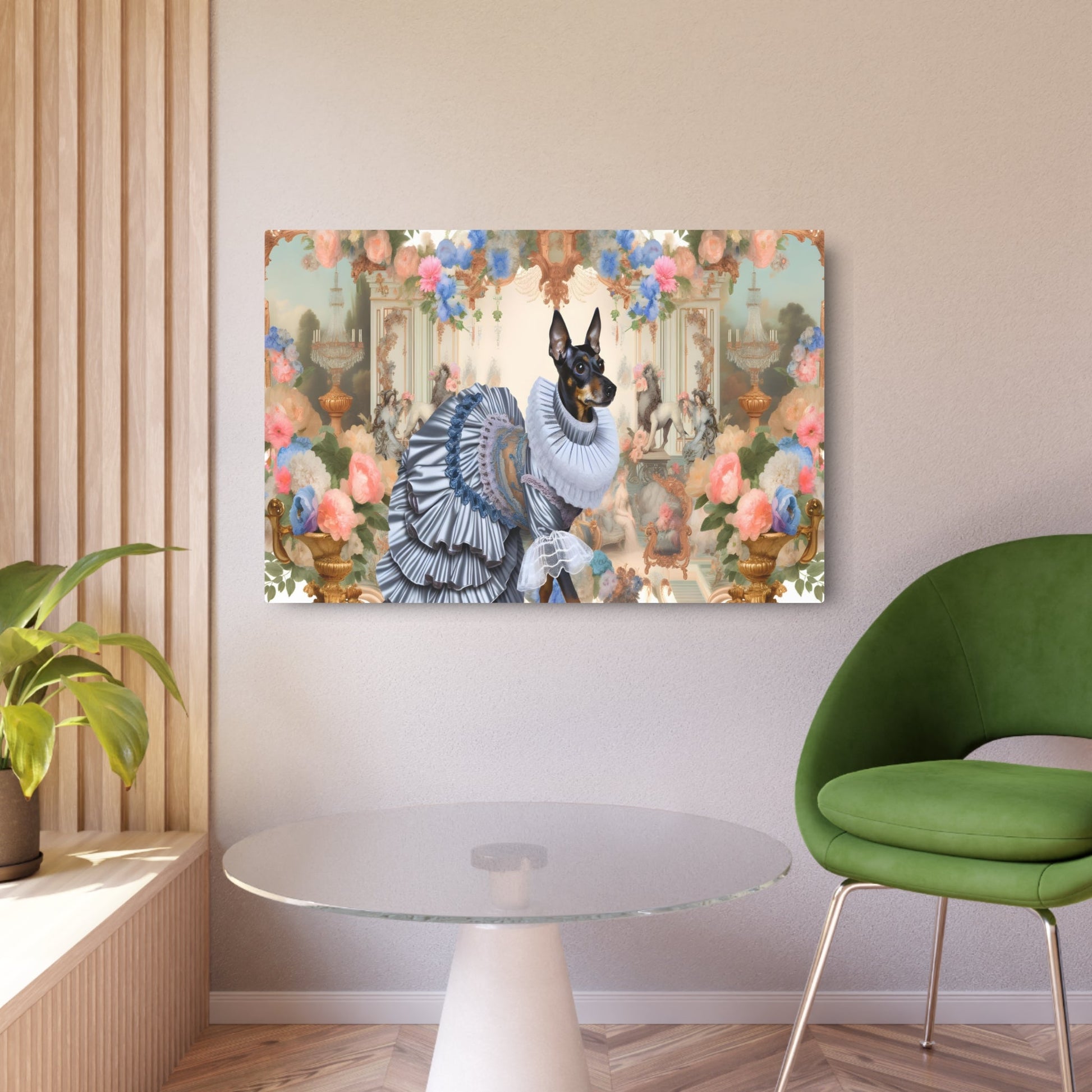 Metal Poster Art | "Rococo-Style Dog Artwork: 18th Century French Aristocratic Elegance in Pastel Colors and Gold Accents under Western - Metal Poster Art 36″ x 24″ (Horizontal) 0.12''