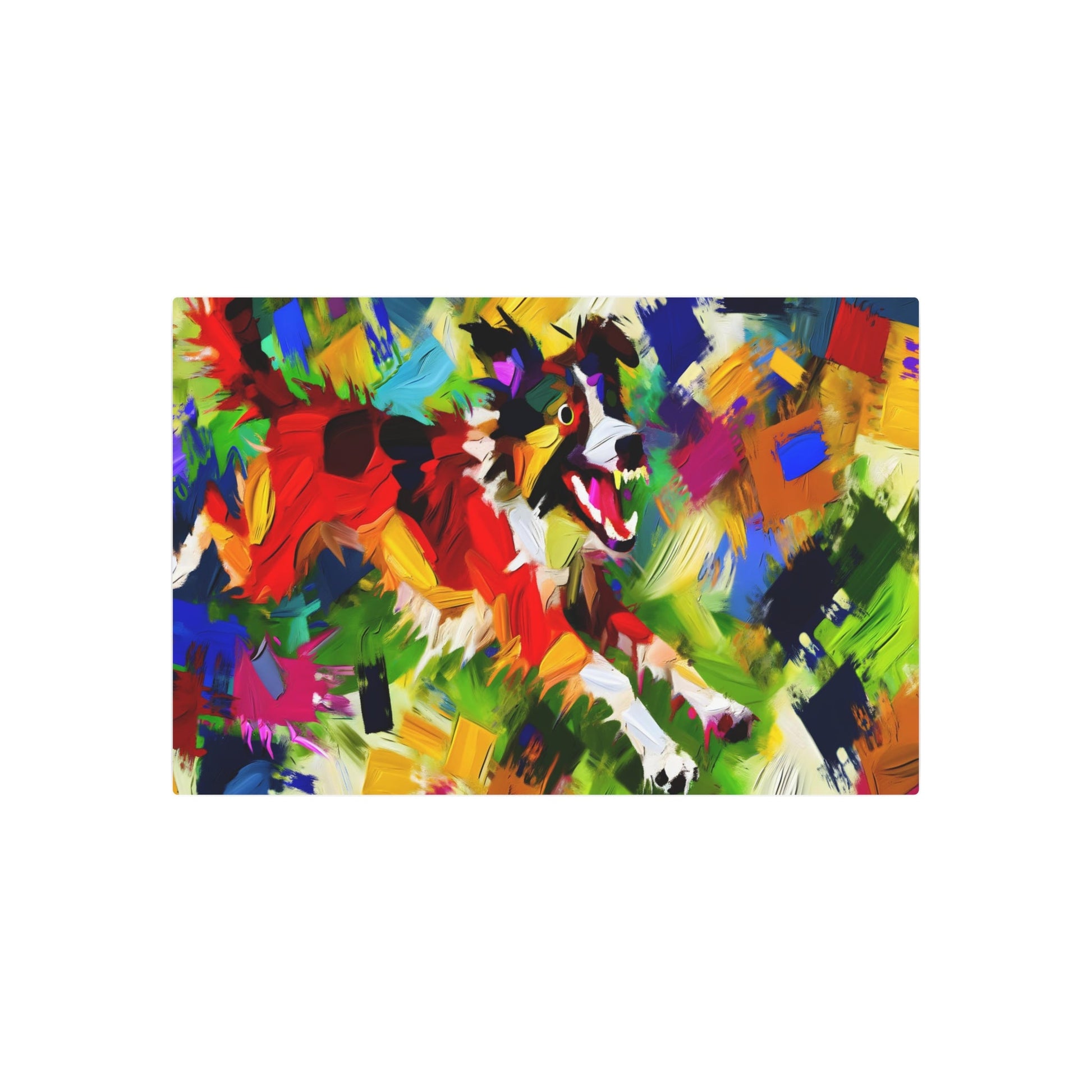 Metal Poster Art | "Playful Canine Energy: Vibrant Abstract Expressionist Artwork in Modern & Contemporary Styles, featuring Bold Brush Strokes and Contrasting Textures - Metal Poster Art 36″ x 24″ (Horizontal) 0.12''