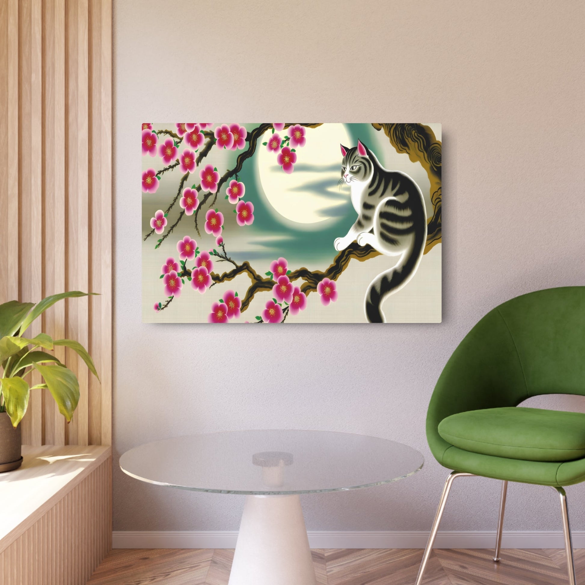 Metal Poster Art | "Traditional Chinese Silk Painting Art - Elegant Cat Resting on Blossoming Cherry Tree Branch under Full Moon, Serene Twilight Sky - Asian Art Styles, - Metal Poster Art 36″ x 24″ (Horizontal) 0.12''