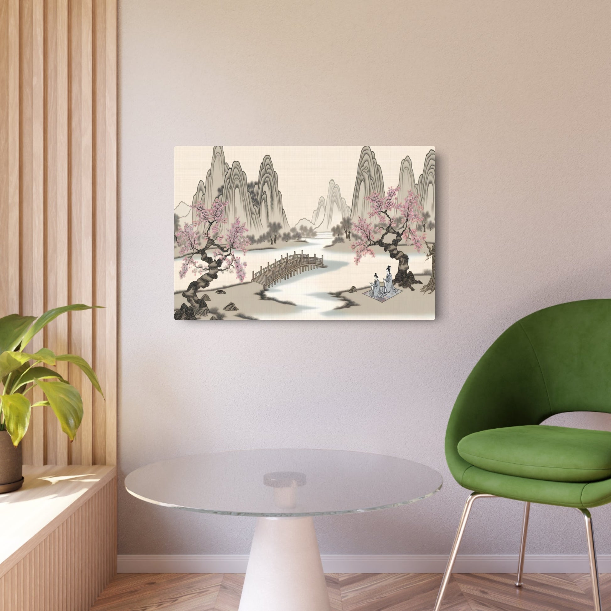 Metal Poster Art | "Traditional Chinese Silk Painting of Serene Mountain Landscape & Cherry Blossom Trees - Asian Art Styles, Sub-category: Chinese Silk Painting" - Metal Poster Art 36″ x 24″ (Horizontal) 0.12''