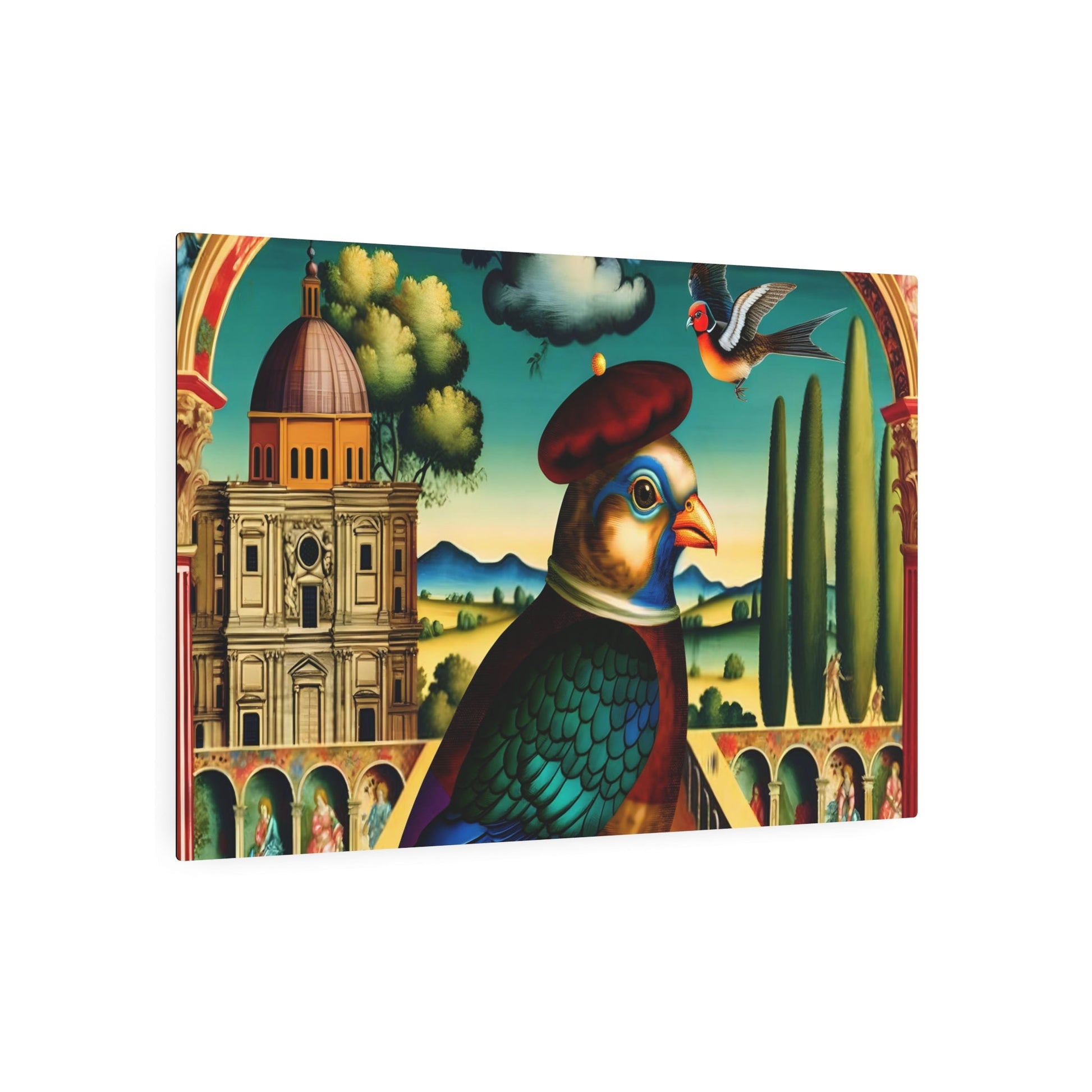 Metal Poster Art | "Renaissance Bird Artwork: Intricately Detailed & Colorful Painting with Rich Clothing, Landscapes, Luminous Skies & - Metal Poster Art 36″ x 24″ (Horizontal) 0.12''