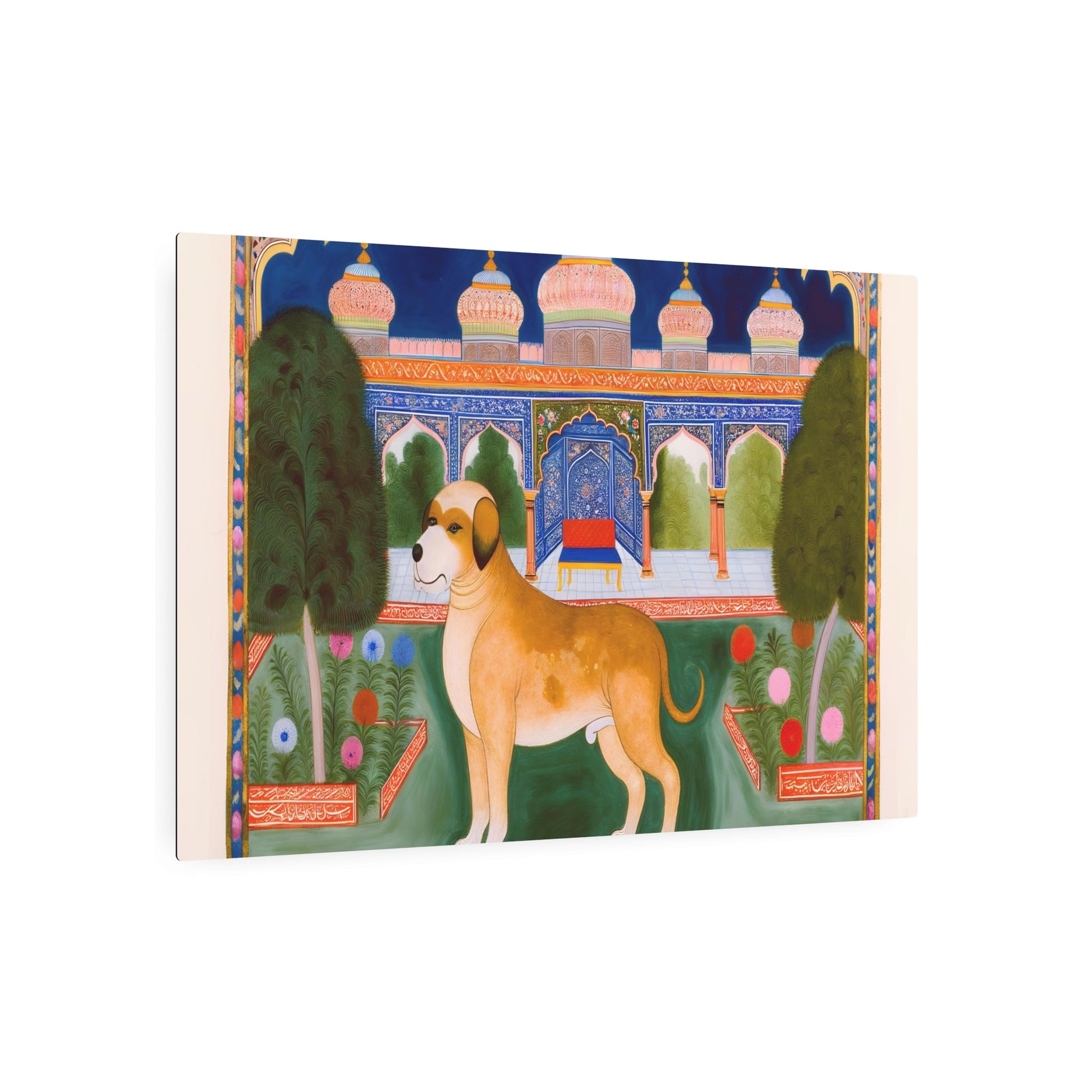 Metal Poster Art | "Mughal Miniature Painting: Majestic Dog in Traditional Garden - Vivid Colors, Non-Western Art, South Asian Style" - Metal Poster Art 36″ x 24″ (Horizontal) 0.12''