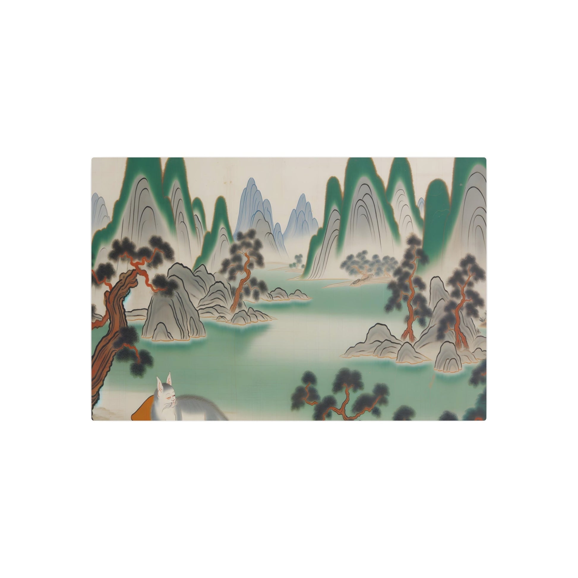 Metal Poster Art | "Traditional Chinese Landscape Painting with Peaceful Cat - Asian Art Styles Collection" - Metal Poster Art 36″ x 24″ (Horizontal) 0.12''