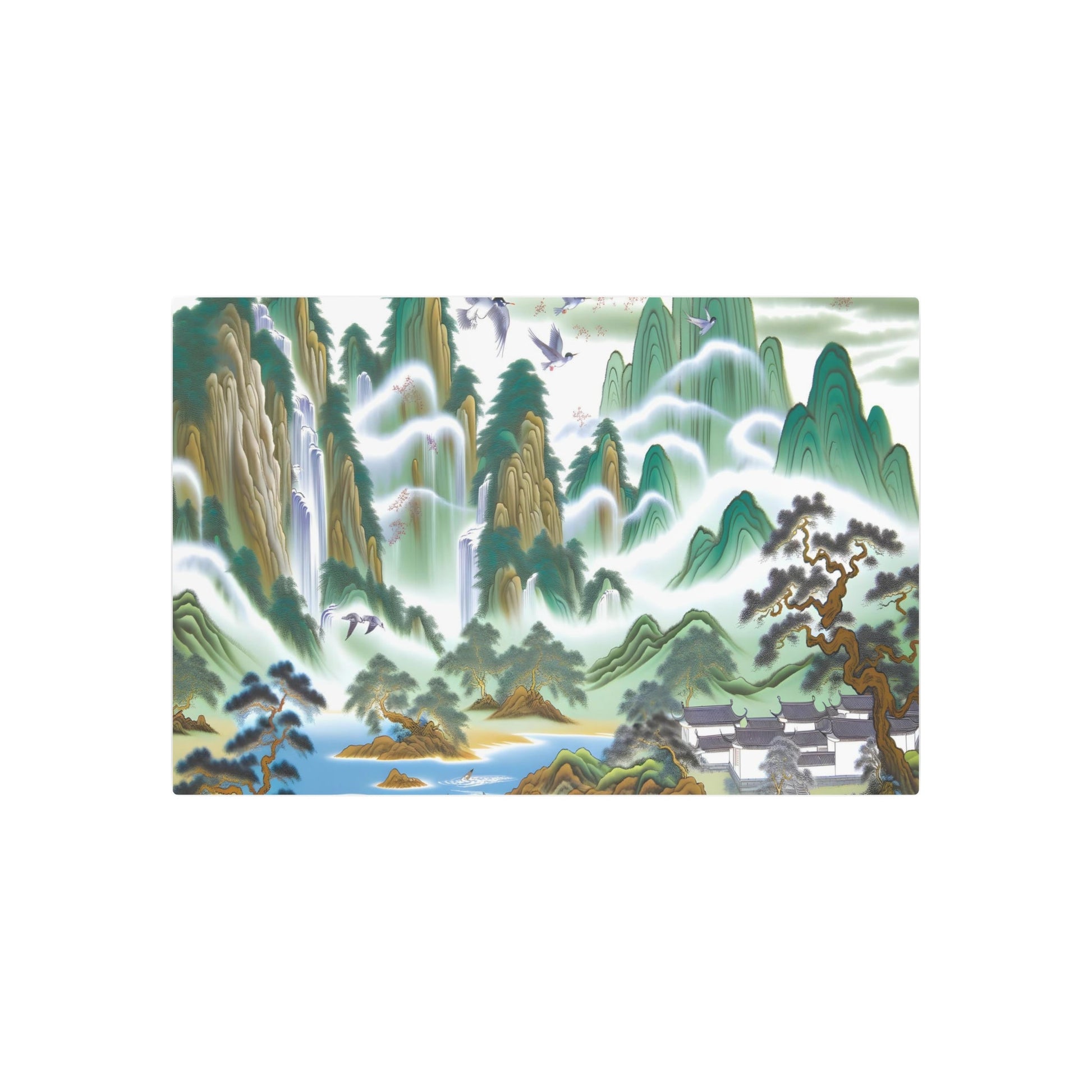 Metal Poster Art | "Traditional Chinese Landscape Painting featuring Mountains, Water, Trees, Houses and Birds - Intricate Asian Art Styles" - Metal Poster Art 36″ x 24″ (Horizontal) 0.12''