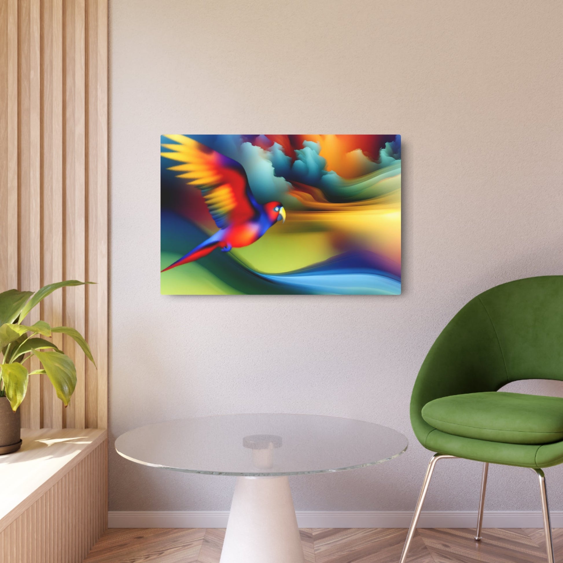 Metal Poster Art | "Vibrant, Color-Saturated Bird in Mid-Flight - Modern Digital Art with Surreal Abstract Background" - Metal Poster Art 36″ x 24″ (Horizontal) 0.12''