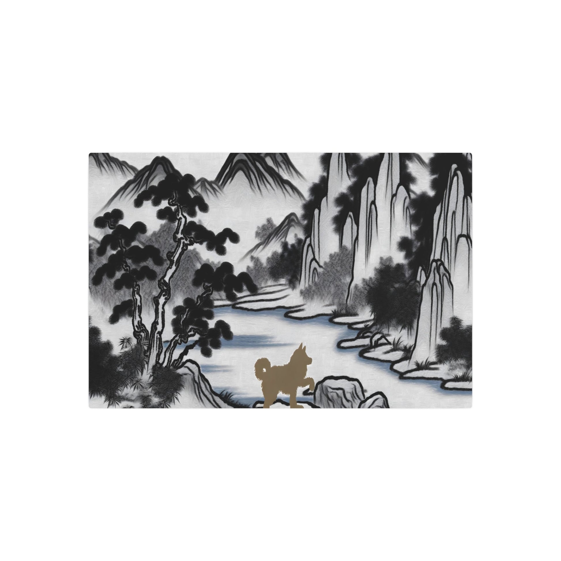 Metal Poster Art | "Traditional Chinese Landscape Art Piece with Dog Interaction - Asian Art Styles, Chinese Landscape Category" - Metal Poster Art 36″ x 24″ (Horizontal) 0.12''