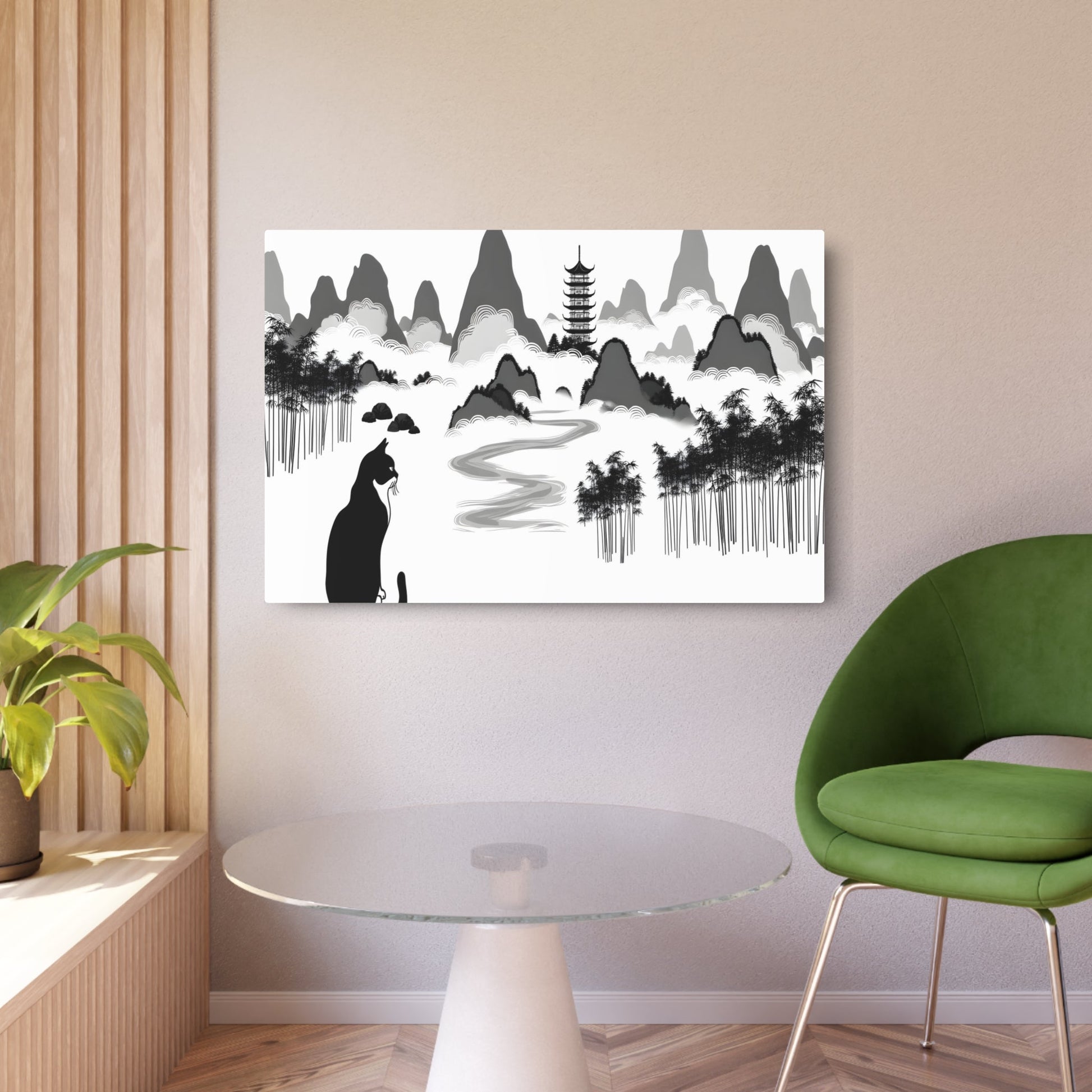 Metal Poster Art | "Graceful Chinese Ink Painting: Traditional Landscape Art Featuring Mountains, Rivers, Bamboo Trees, and Pagoda with Peaceful Cat - Asian Art Styles, - Metal Poster Art 36″ x 24″ (Horizontal) 0.12''