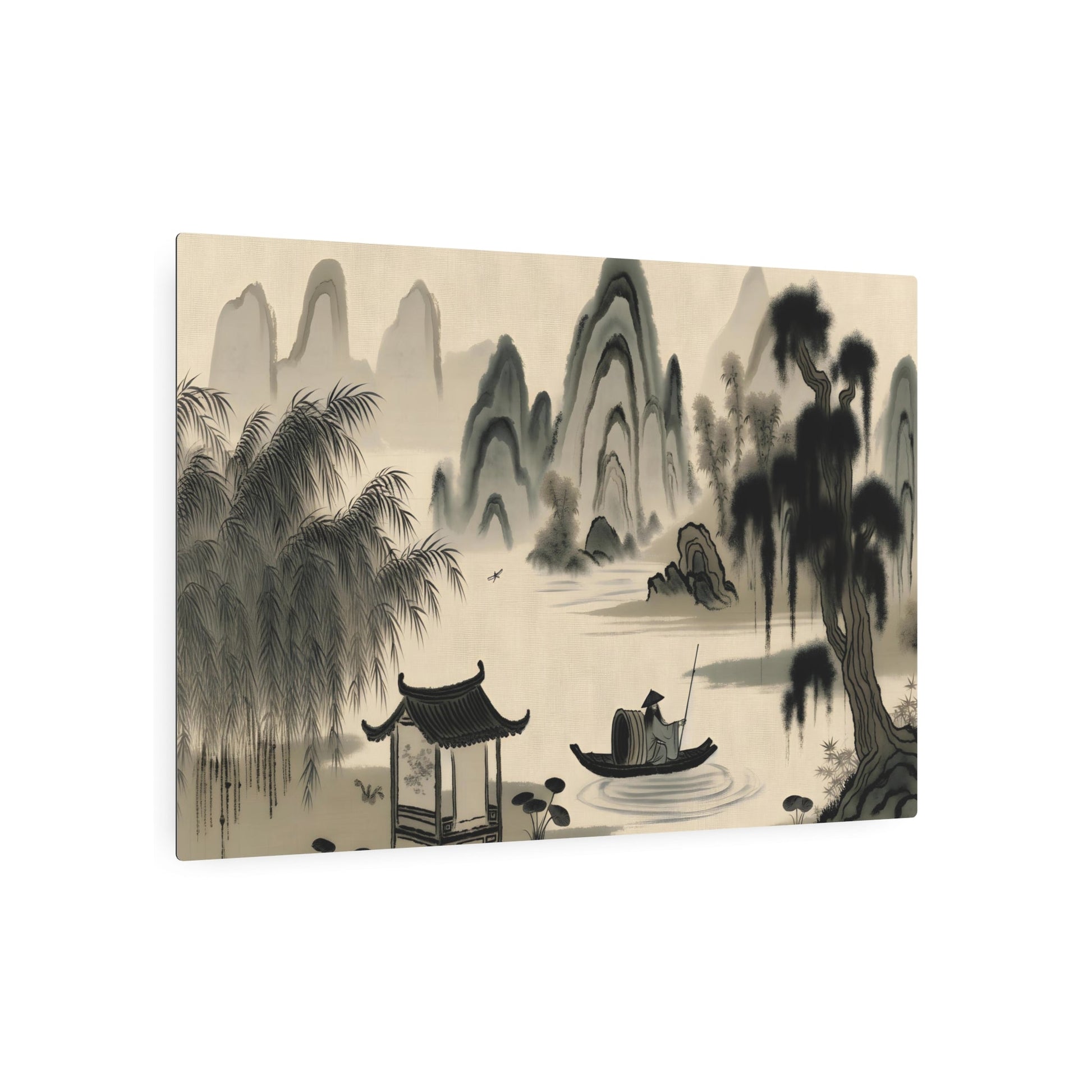 Metal Poster Art | "Song Dynasty Inspired Chinese Landscape Art - Intricate Mountains, Rivers & Traditional Elements in Muted Shades of Black, Gray & Green with Touches of - Metal Poster Art 36″ x 24″ (Horizontal) 0.12''