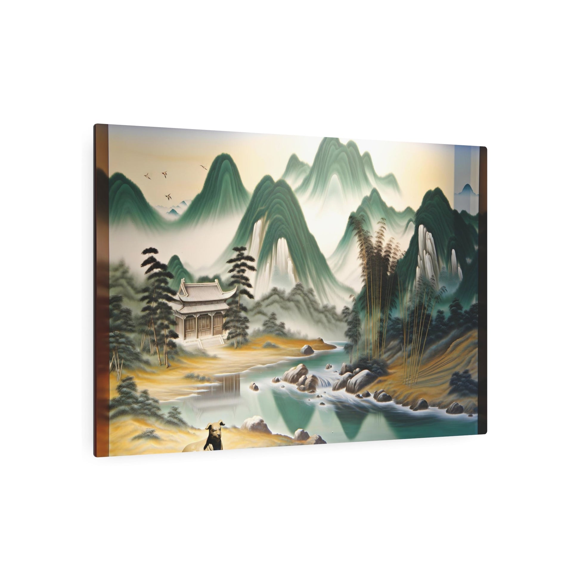 Metal Poster Art | "Chinese Landscape Art - Ancient Temple Mountain Range with Running River, Bamboo Trees and Patient Dog Scene in Traditional Asian Art Styles" - Metal Poster Art 36″ x 24″ (Horizontal) 0.12''