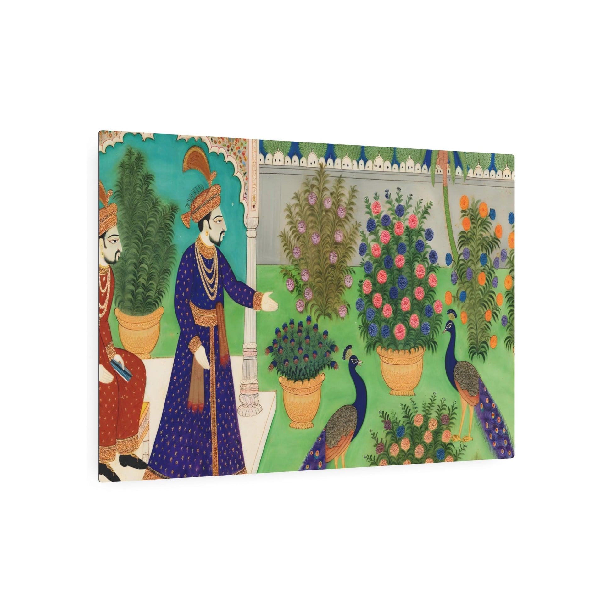 Metal Poster Art | "Mughal Miniature Art: Traditional South Asian Style Illustration of a Mughal Emperor Enjoying His Garden with Peacocks" - Metal Poster Art 36″ x 24″ (Horizontal) 0.12''