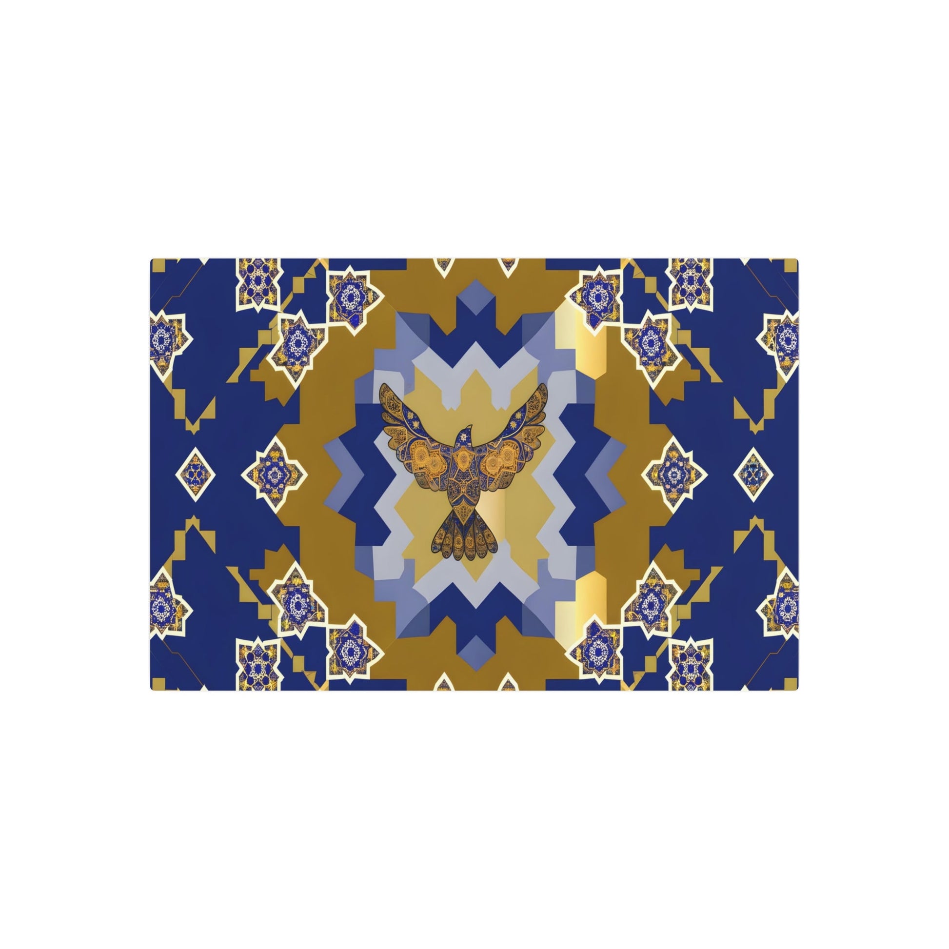 Metal Poster Art | "Authentic Islamic Geometric Artwork Featuring Detailed Bird Design in Rich Blues, Golds, and Whites - Non-Western & Global Styles Collection" - Metal Poster Art 36″ x 24″ (Horizontal) 0.12''