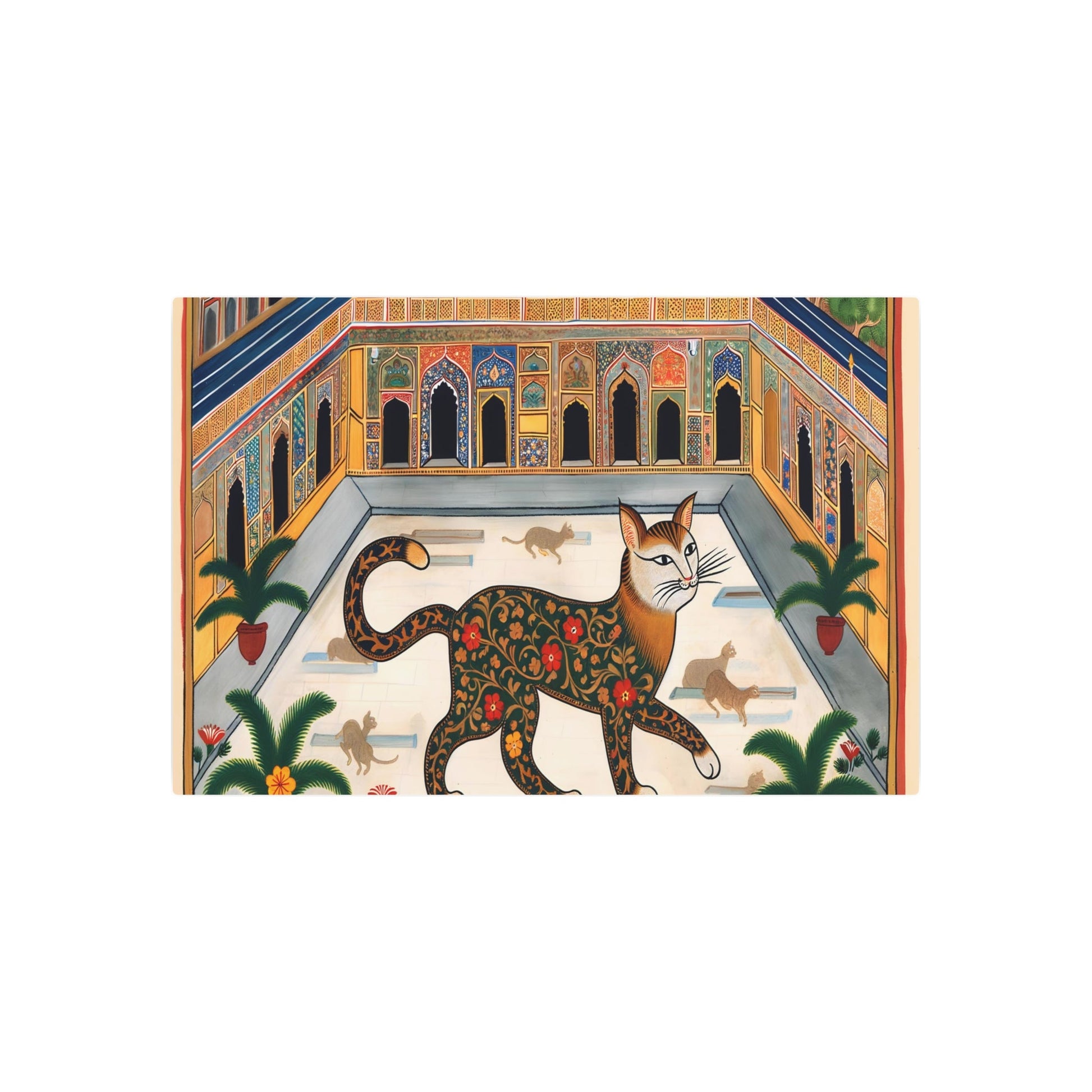 Metal Poster Art | "Mughal Miniature Art: Elegant Cat Prancing in Vibrant South Asian Palace Courtyard - Non-Western & Global Styles" - Metal Poster Art 36″ x 24″ (Horizontal) 0.12''