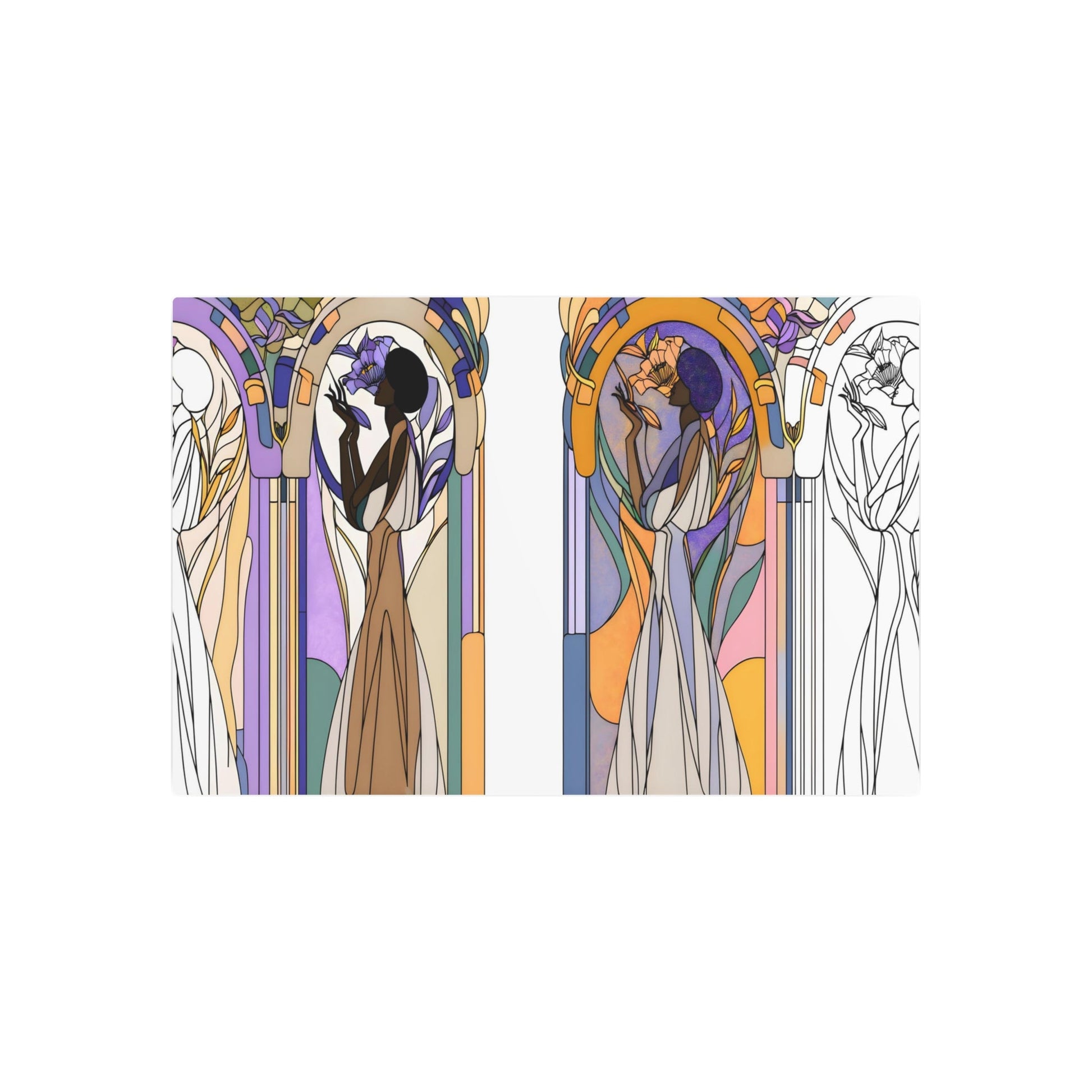 Metal Poster Art | "Art Nouveau Pastel Floral Masterpiece with Organic Geometry and Graceful Woman - Western Art Styles Collection" - Metal Poster Art 36″ x 24″ (Horizontal) 0.12''
