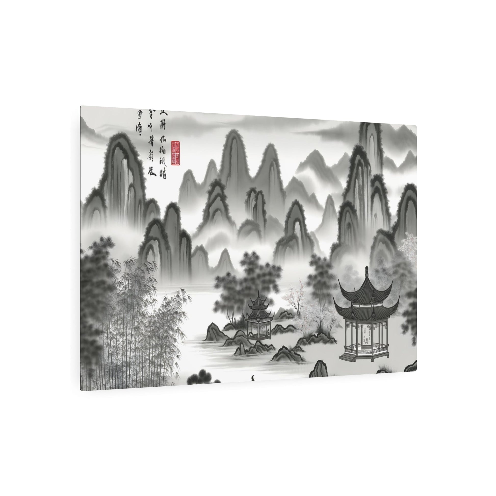 Metal Poster Art | "Traditional Chinese Landscape Ink Wash Painting: Misty Mountains and River Panorama with Ancient Architecture, Bamboo Forests & Cherry Blossoms - Grey, Black - Metal Poster Art 36″ x 24″ (Horizontal) 0.12''