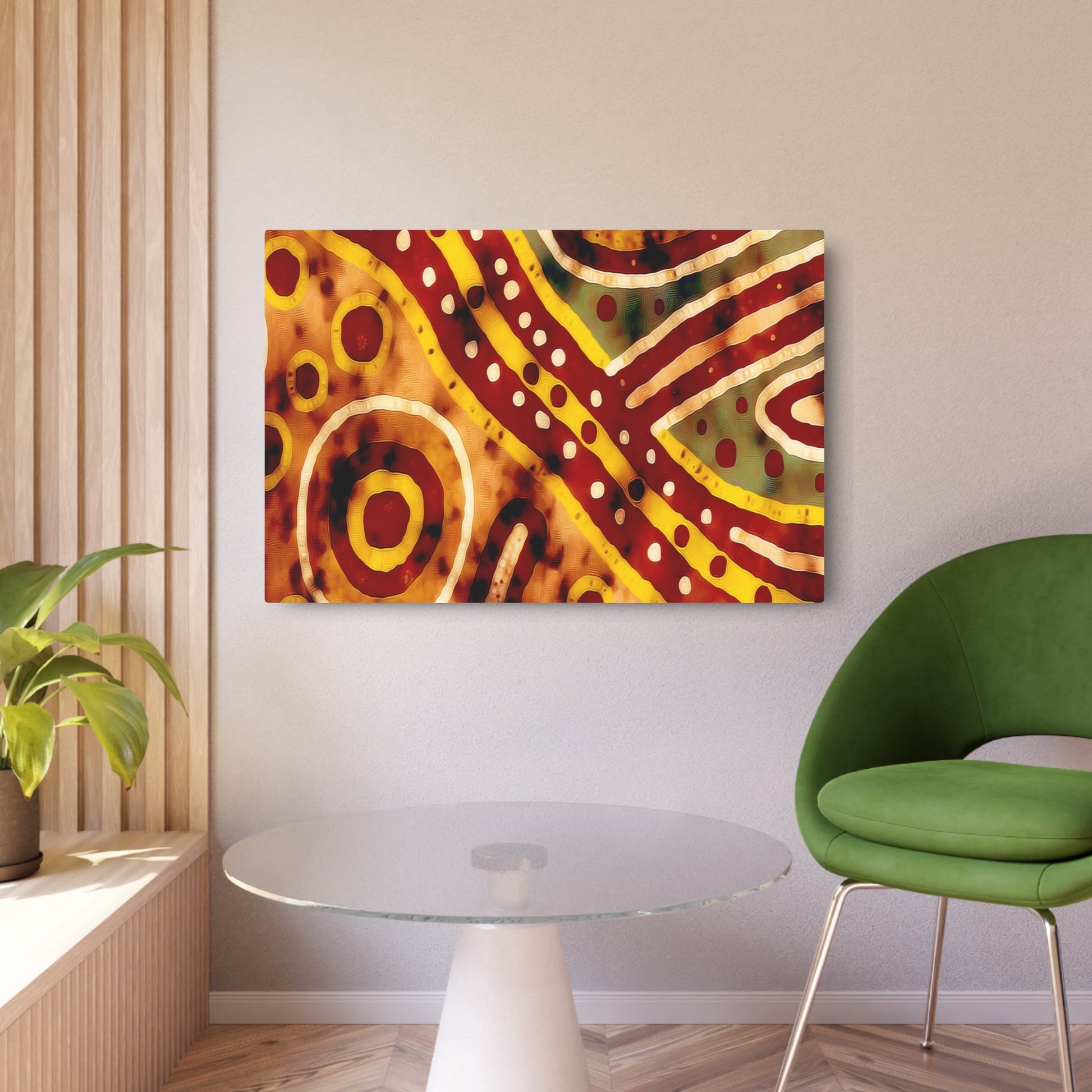 Metal Poster Art | "Authentic Aboriginal Art in Traditional Australian Style - Earthy Ochre Yellows, Reds & Browns - Non-Western Global Styles Artwork - Metal Poster Art 36″ x 24″ (Horizontal) 0.12''