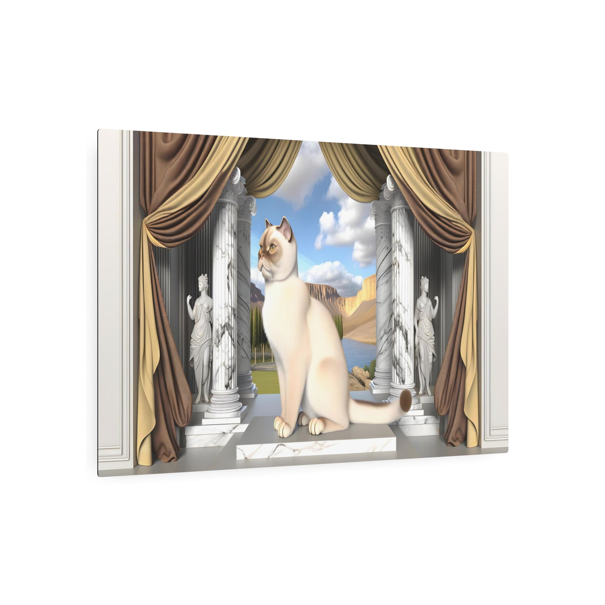Metal Poster Art | "Neoclassical Aristocratic Cat Art Print - Western Neoclassicism Art Style Featuring Regal Feline with Marble Columns and Classic Drap - Metal Poster Art 36″ x 24″ (Horizontal) 0.12''