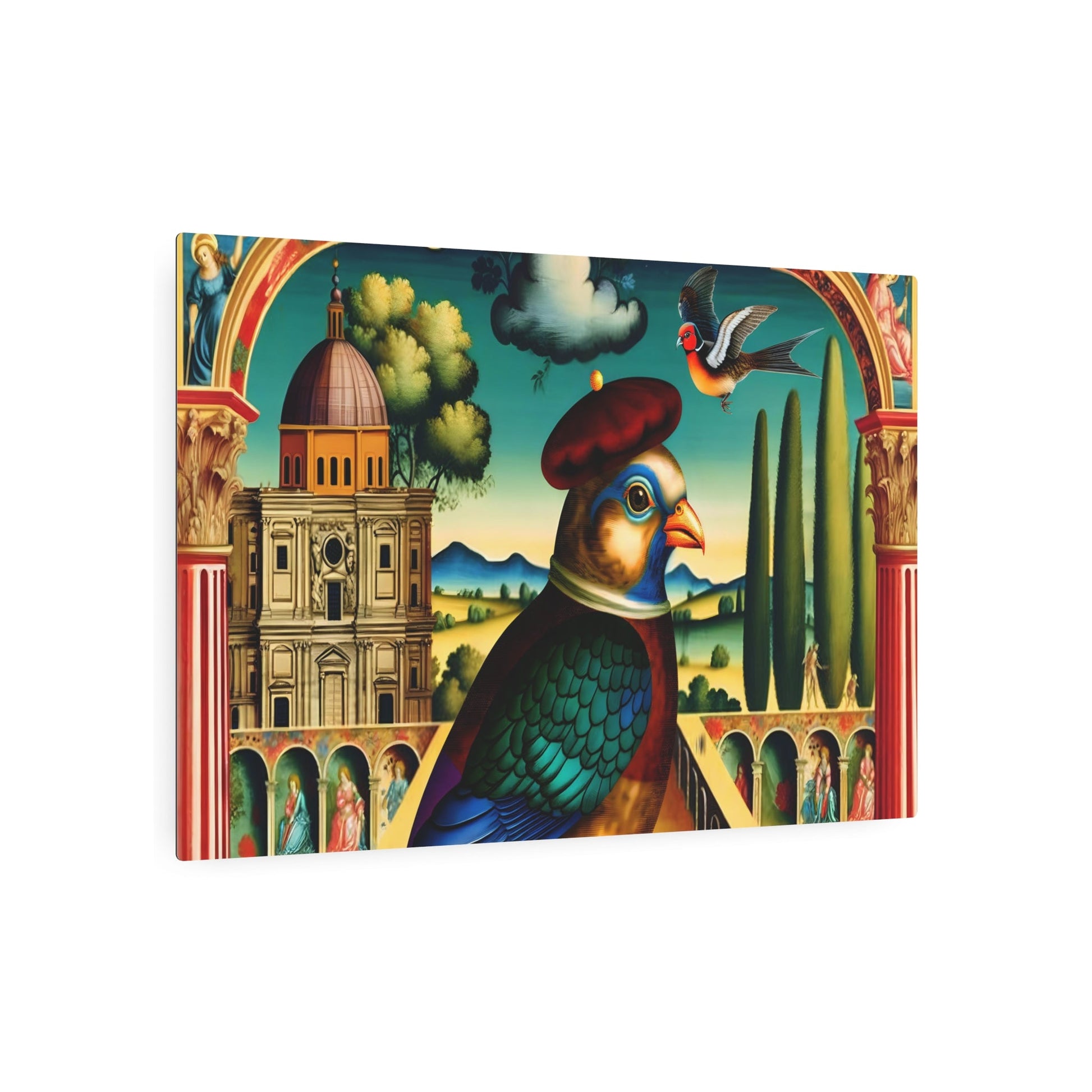 Metal Poster Art | "Renaissance Bird Artwork: Intricately Detailed & Colorful Painting with Rich Clothing, Landscapes, Luminous Skies & - Metal Poster Art 36″ x 24″ (Horizontal) 0.12''