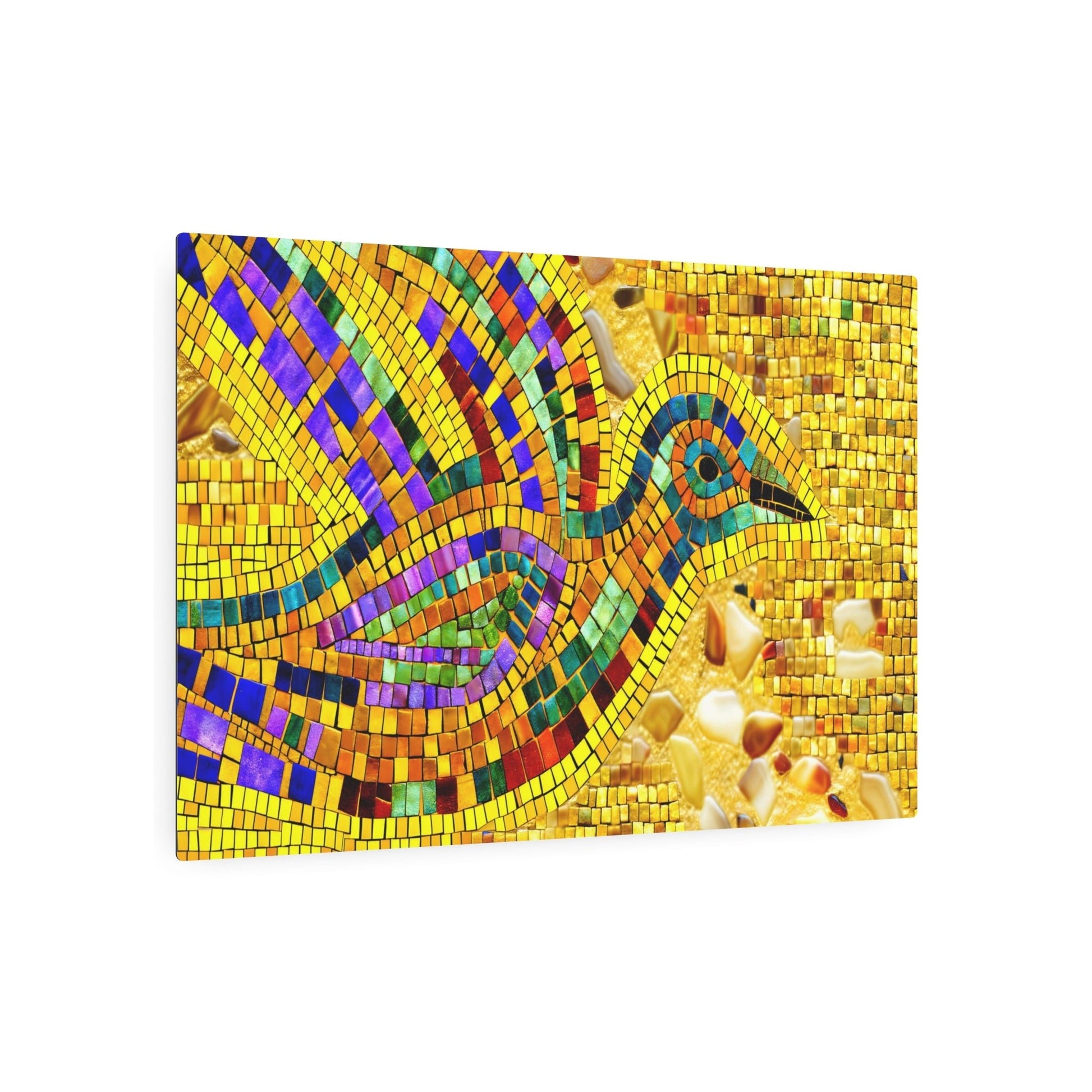 Metal Poster Art | "Byzantine Style Artwork: Vibrant Mosaic Bird Design with Shimmering Gold Tiles - Non-Western & Global Styles Collection" - Metal Poster Art 36″ x 24″ (Horizontal) 0.12''