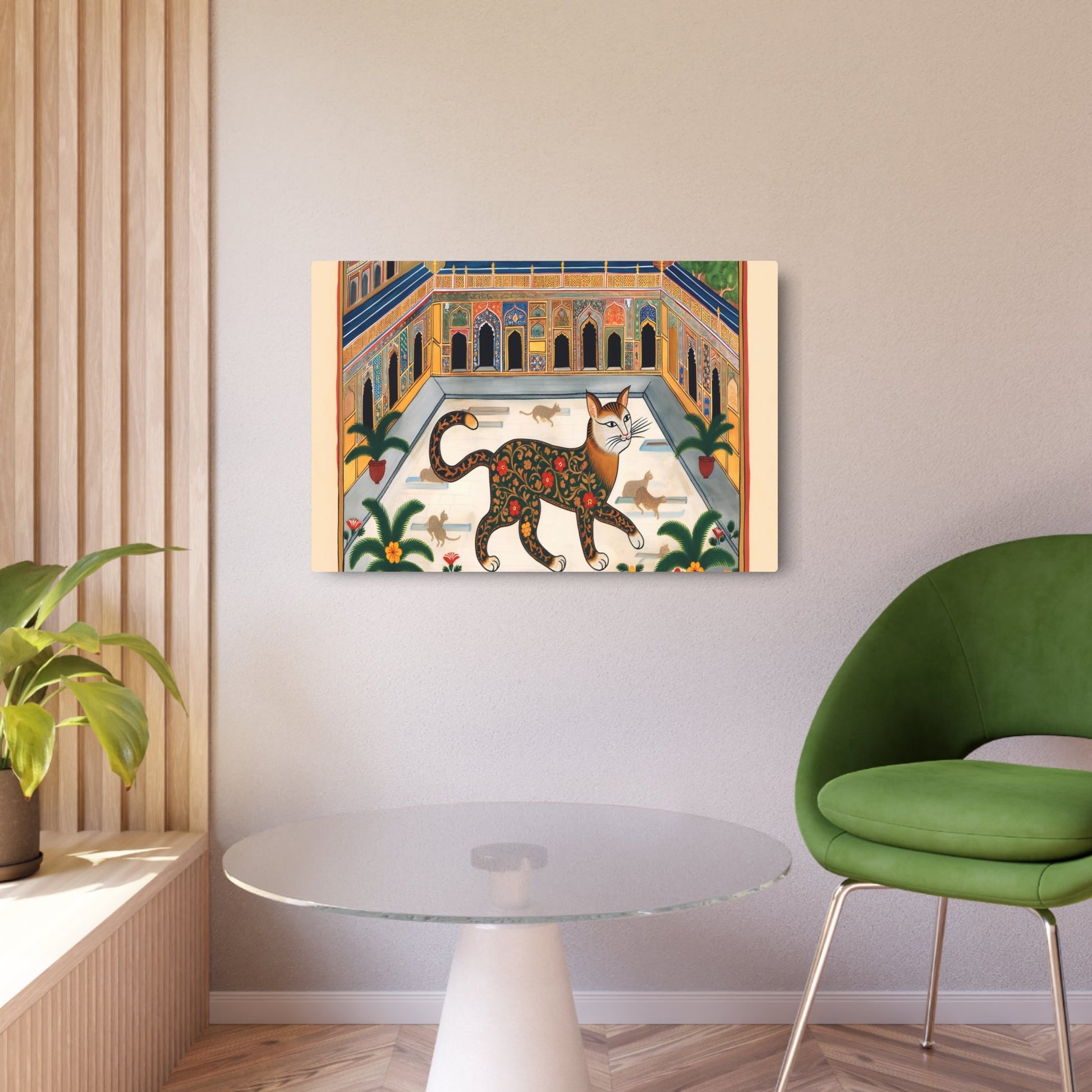 Metal Poster Art | "Mughal Miniature Art: Elegant Cat Prancing in Vibrant South Asian Palace Courtyard - Non-Western & Global Styles" - Metal Poster Art 36″ x 24″ (Horizontal) 0.12''