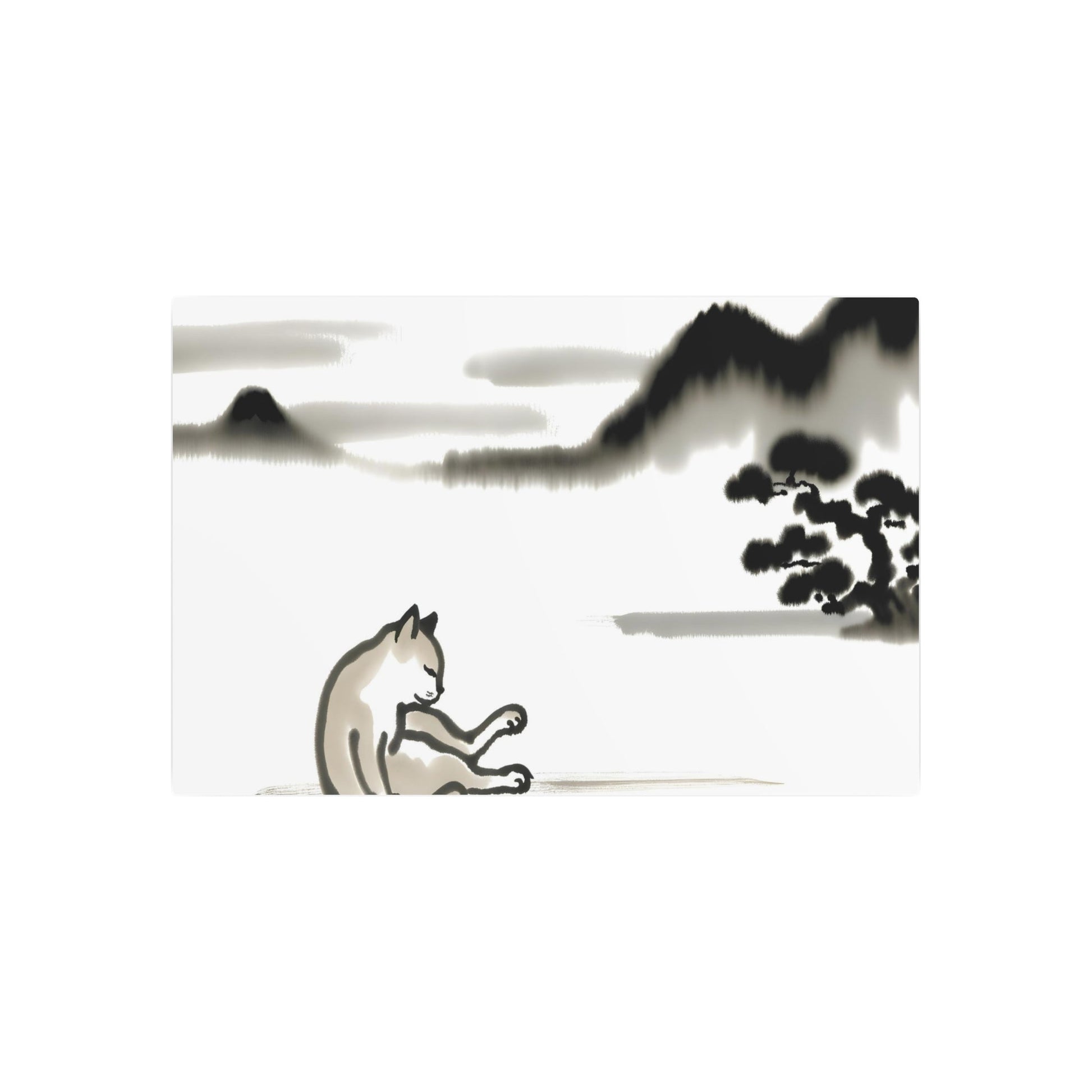 Metal Poster Art | "Sumi-e Japanese Ink Wash Painting - Serene Scene Featuring a Cat, Asian Art Styles Collection" - Metal Poster Art 36″ x 24″ (Horizontal) 0.12''