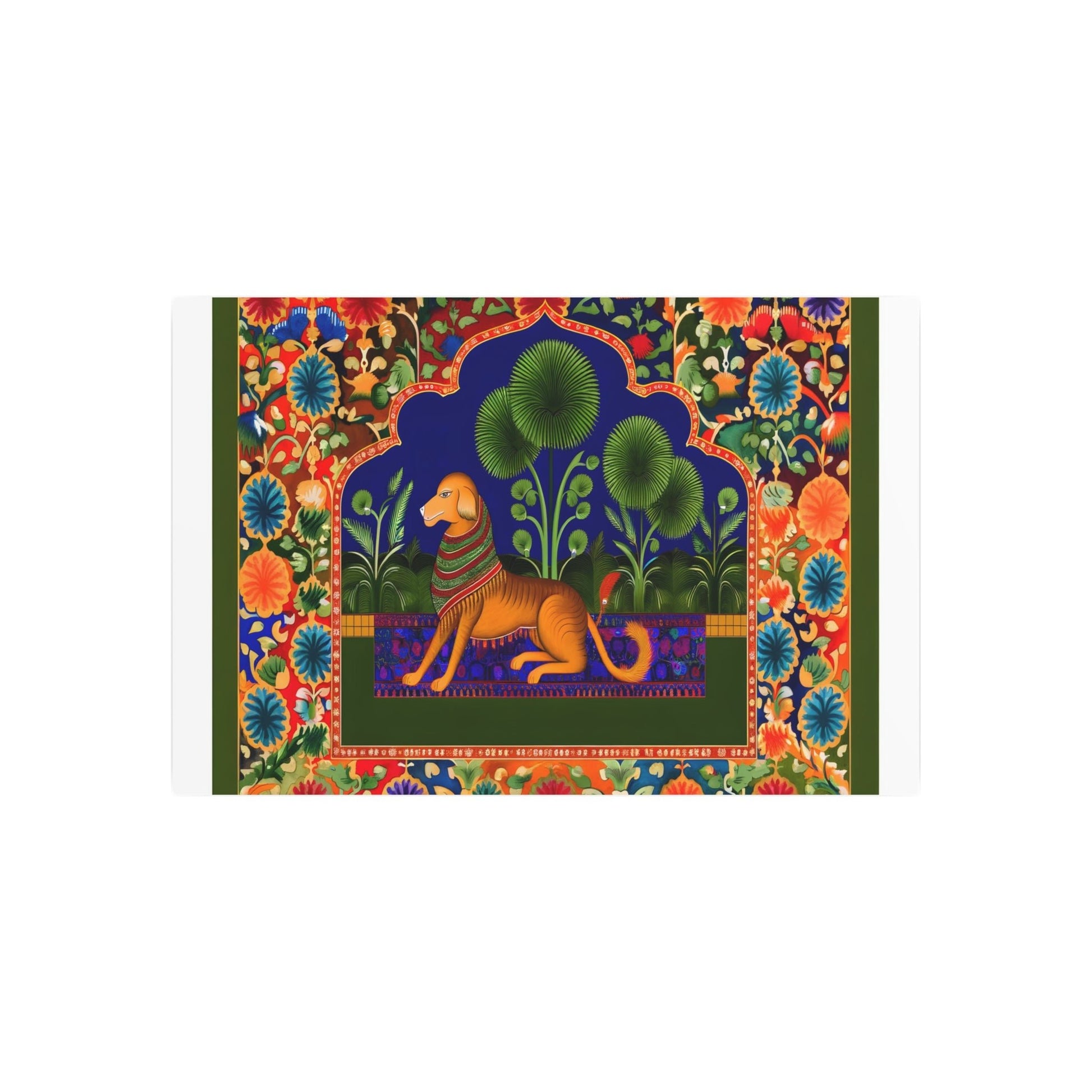 Metal Poster Art | "Regal Dog in Lush South Asian Landscape - Vibrant Mughal Miniature-style Artwork with Intricate Details - Non-Western & - Metal Poster Art 36″ x 24″ (Horizontal) 0.12''