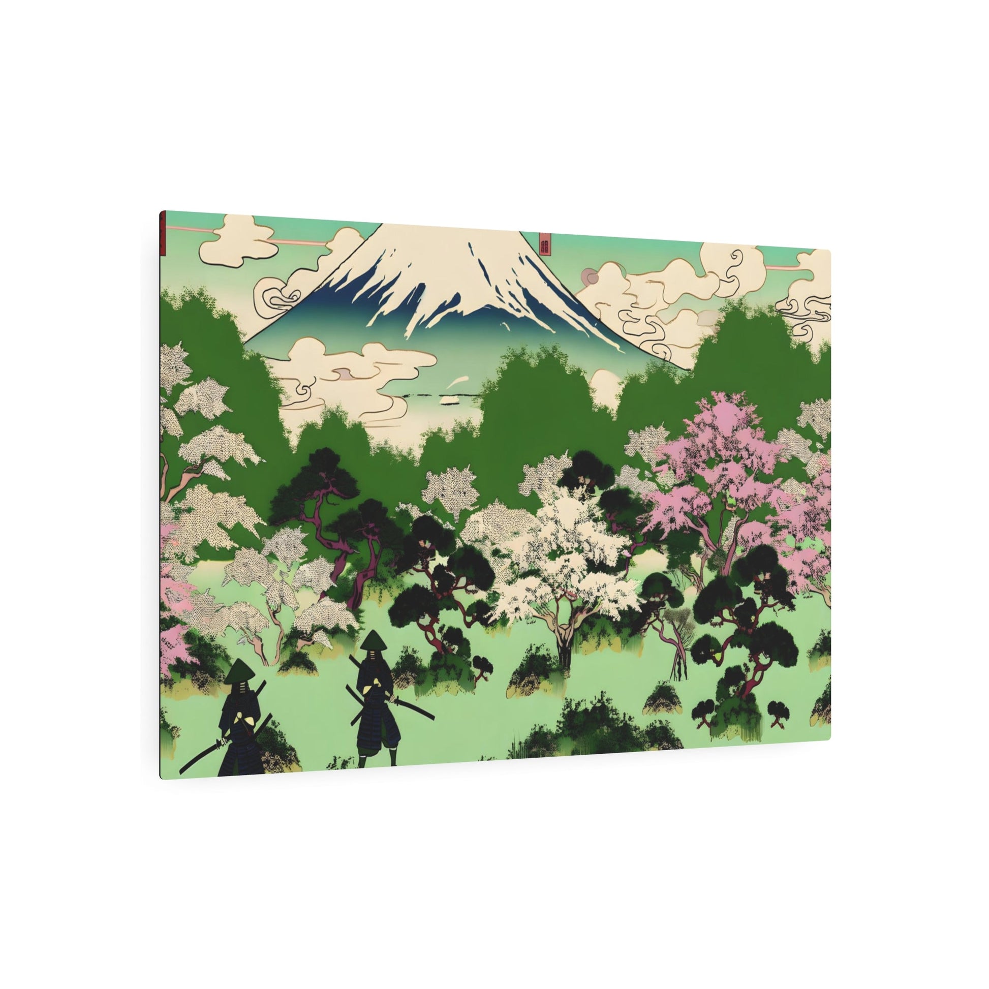 Metal Poster Art | "Ukiyo-e Style Asian Art: Mount Fuji, Cherry Blossom Trees & Samurai Warriors - Ancient Japanese Scenic Wall Art" - Metal Poster Art 36″ x 24″ (Horizontal) 0.12''