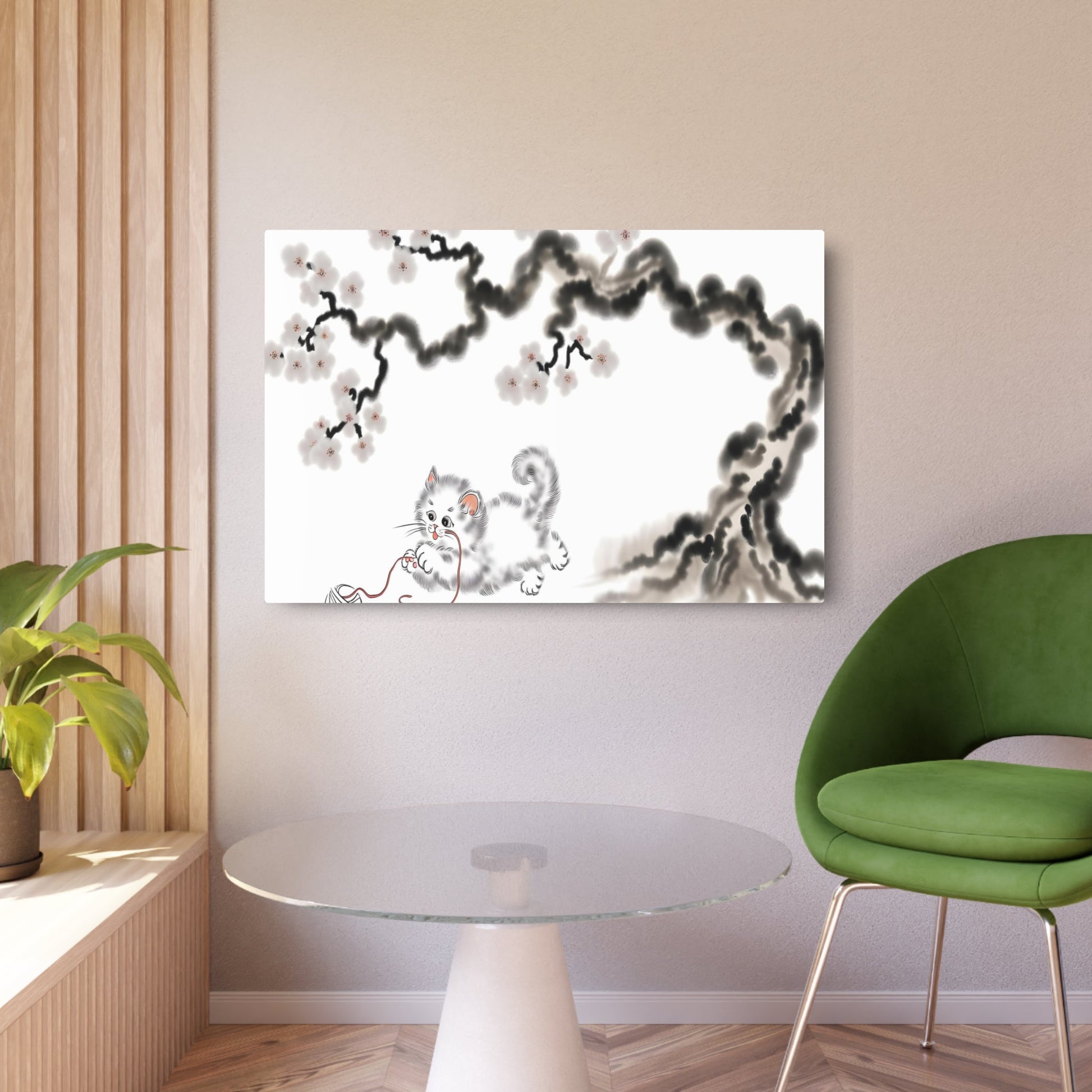 Metal Poster Art | "Traditional Chinese Silk Painting - Adorable Kitten Playing with String Under Ancient Plum Tree in Asian Art Styles" - Metal Poster Art 36″ x 24″ (Horizontal) 0.12''