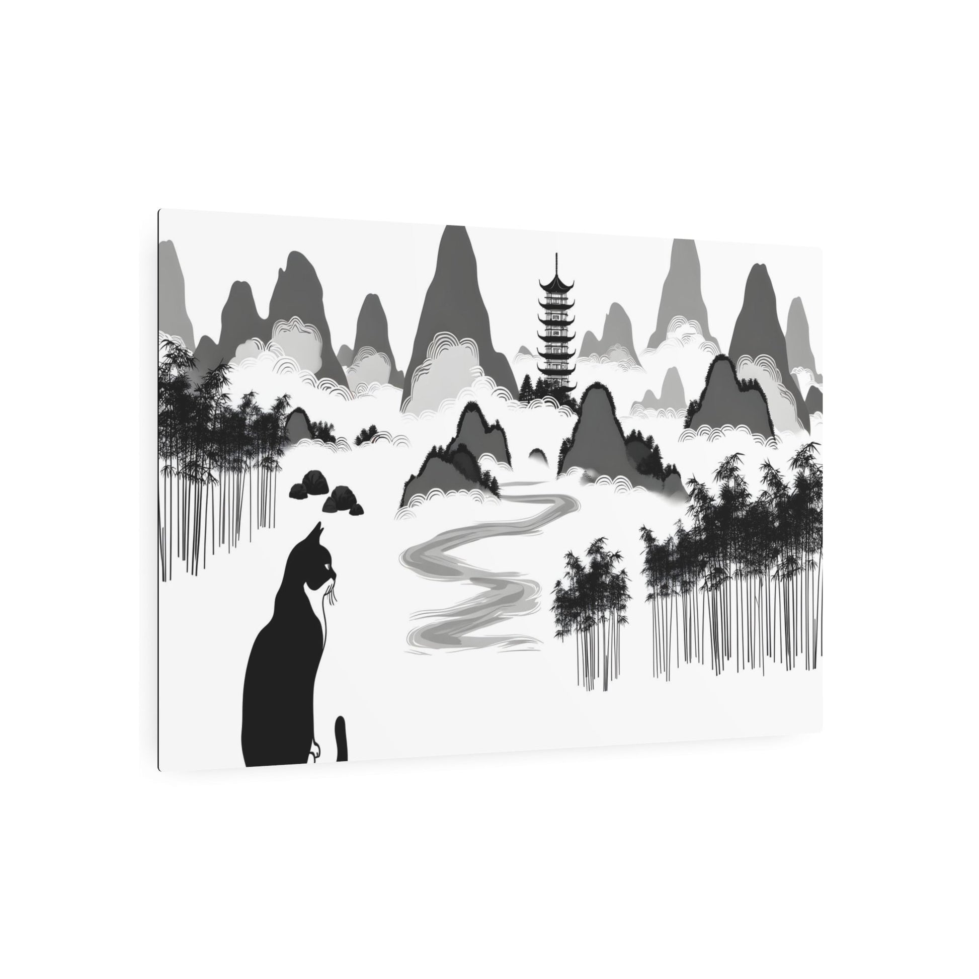 Metal Poster Art | "Graceful Chinese Ink Painting: Traditional Landscape Art Featuring Mountains, Rivers, Bamboo Trees, and Pagoda with Peaceful Cat - Asian Art Styles, - Metal Poster Art 36″ x 24″ (Horizontal) 0.12''