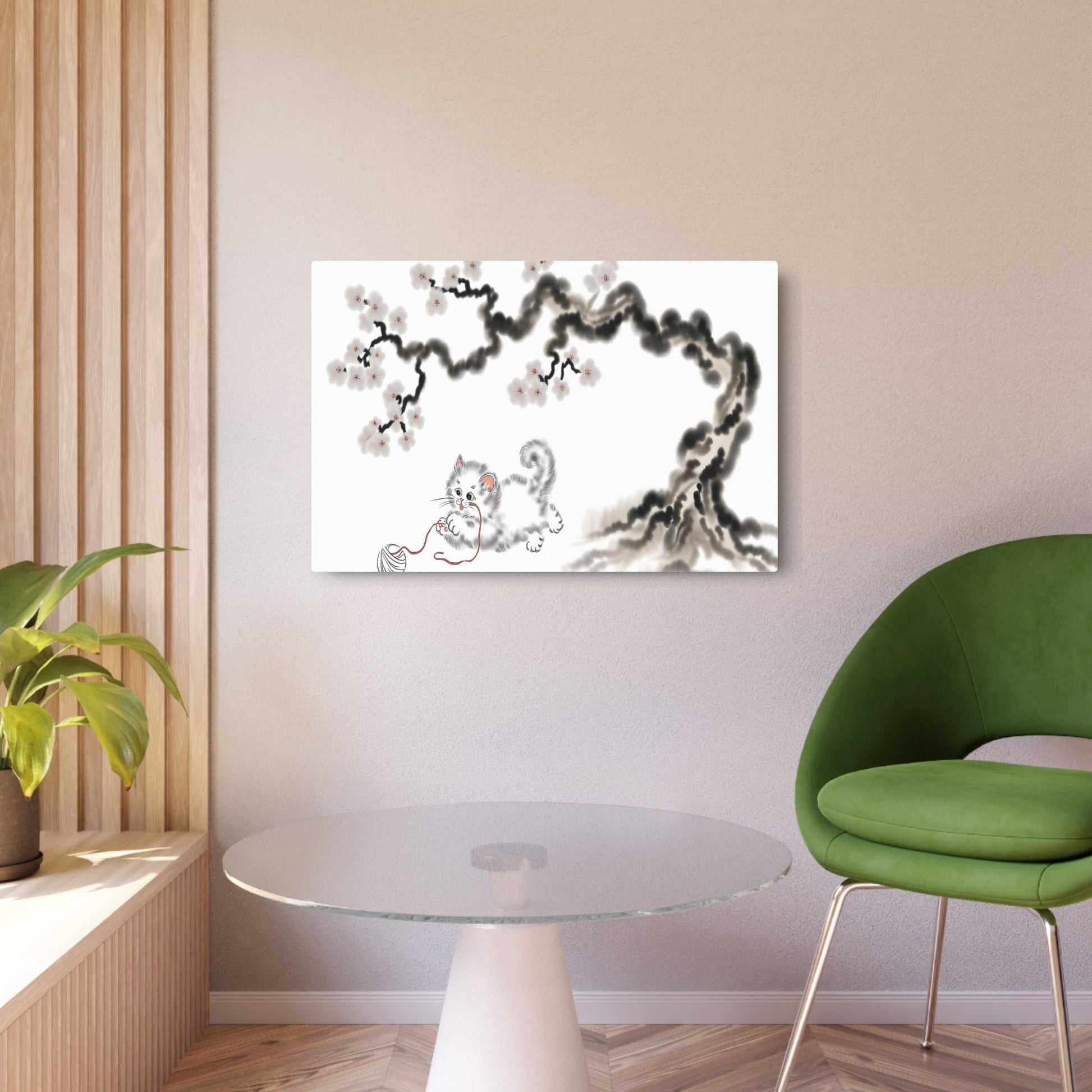 Metal Poster Art | "Traditional Chinese Silk Painting - Adorable Kitten Playing with String Under Ancient Plum Tree in Asian Art Styles" - Metal Poster Art 36″ x 24″ (Horizontal) 0.12''