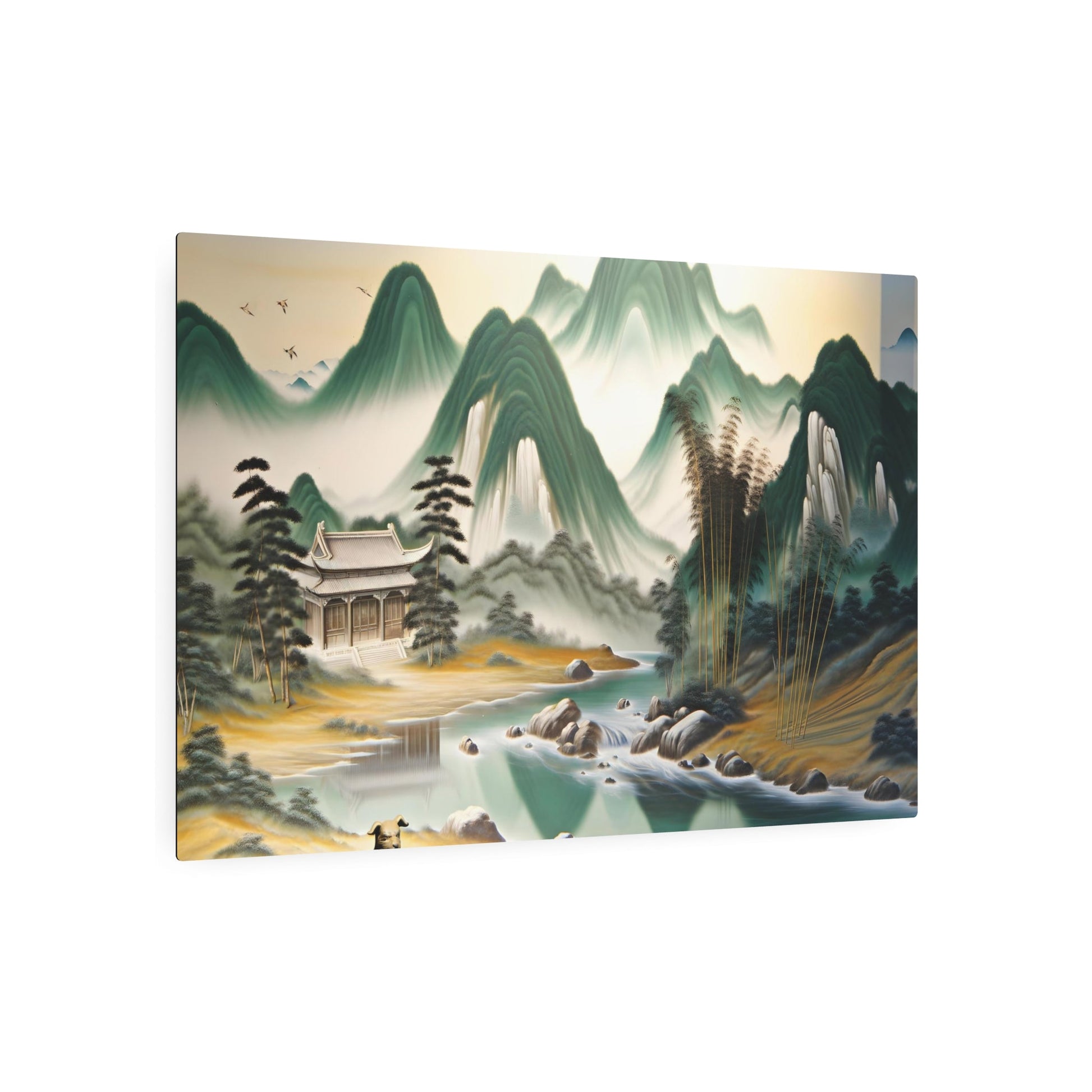 Metal Poster Art | "Chinese Landscape Art - Ancient Temple Mountain Range with Running River, Bamboo Trees and Patient Dog Scene in Traditional Asian Art Styles" - Metal Poster Art 36″ x 24″ (Horizontal) 0.12''