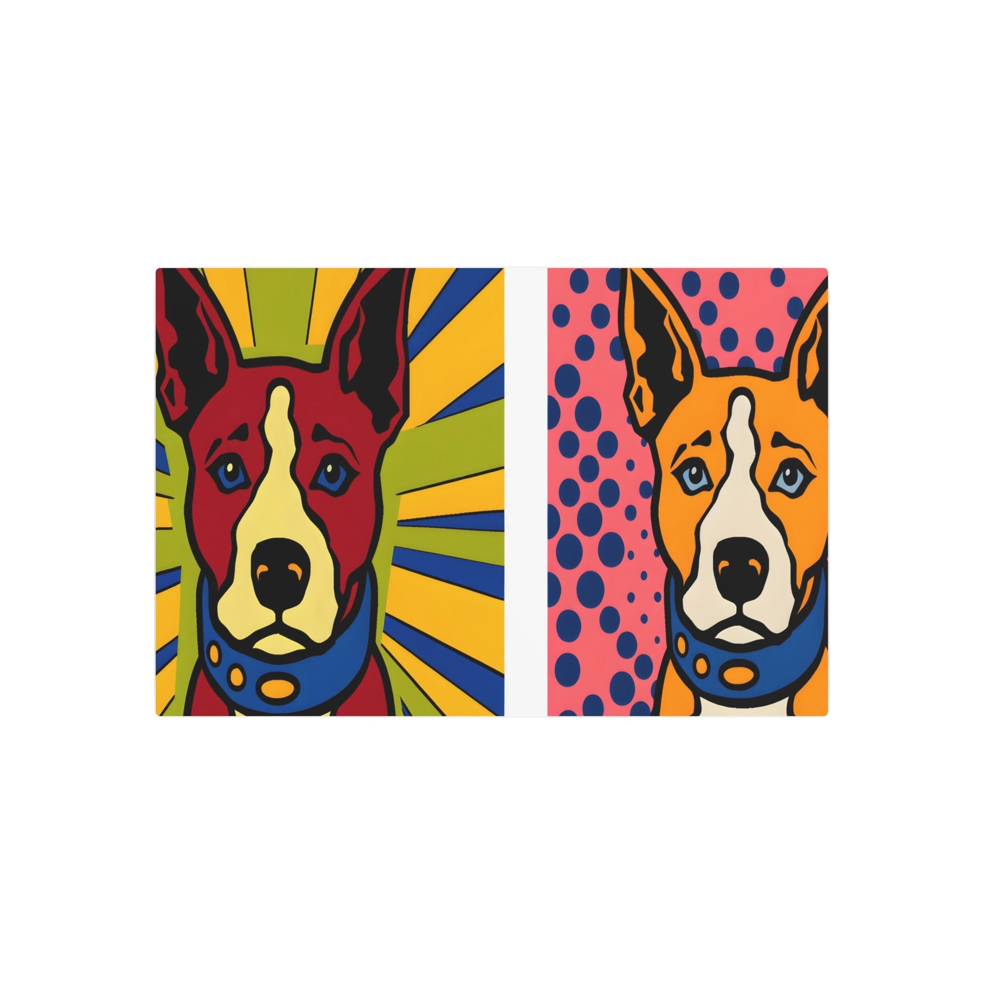 Metal Poster Art | "Modern Pop Art Painting: Vibrant, Colorful Dog in Andy Warhol Style with Roy Lichtenstein's Bold Dotted Background - Contemporary Pop - Metal Poster Art 36″ x 24″ (Horizontal) 0.12''