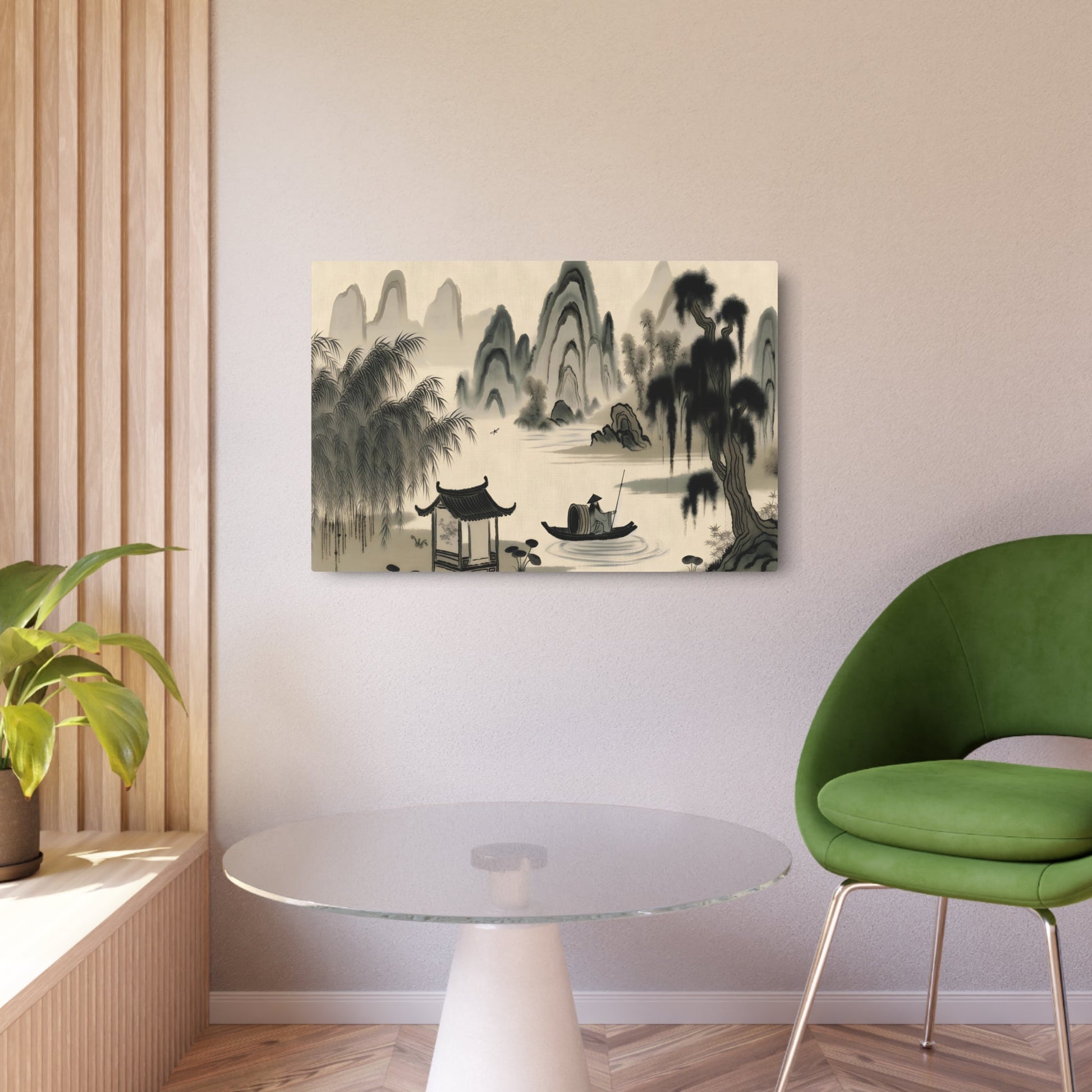 Metal Poster Art | "Song Dynasty Inspired Chinese Landscape Art - Intricate Mountains, Rivers & Traditional Elements in Muted Shades of Black, Gray & Green with Touches of - Metal Poster Art 36″ x 24″ (Horizontal) 0.12''