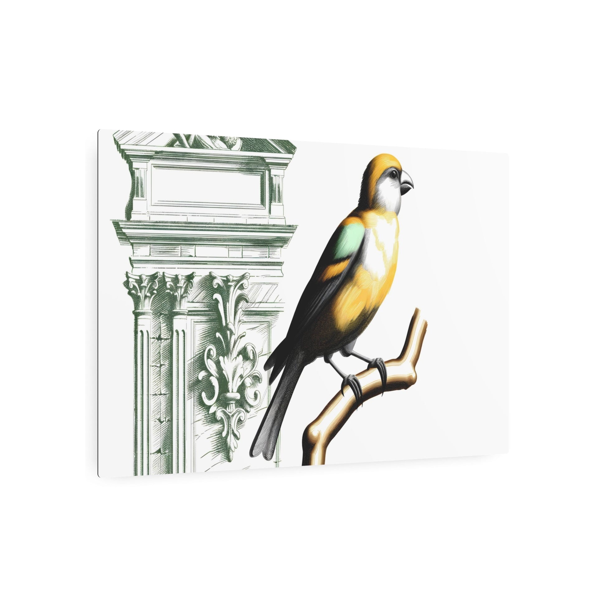Metal Poster Art | "Neoclassical Style Western Art: Detailed Bird on Branch Scene with Architectural Elements and Dramatic Use of Light, Color, and Contrast" - Metal Poster Art 36″ x 24″ (Horizontal) 0.12''