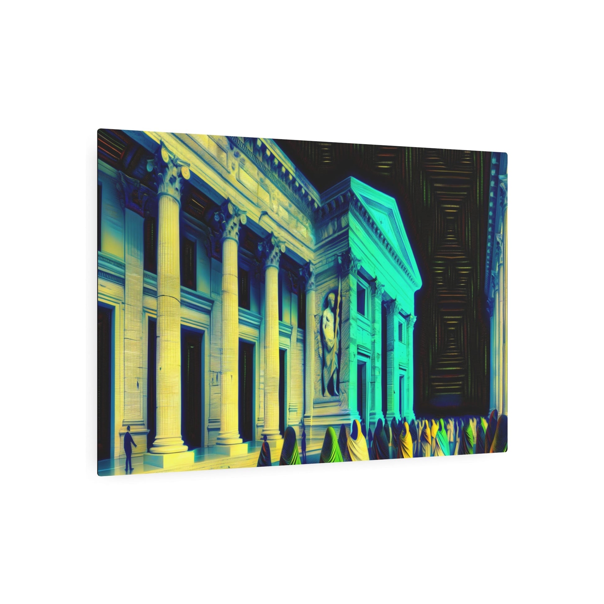 Metal Poster Art | "Neoclassical Artwork - Grand Architectural Setting with Romans in Traditional Attire, Emphasizing Stone and Fabric Textures - Western Art - Metal Poster Art 36″ x 24″ (Horizontal) 0.12''