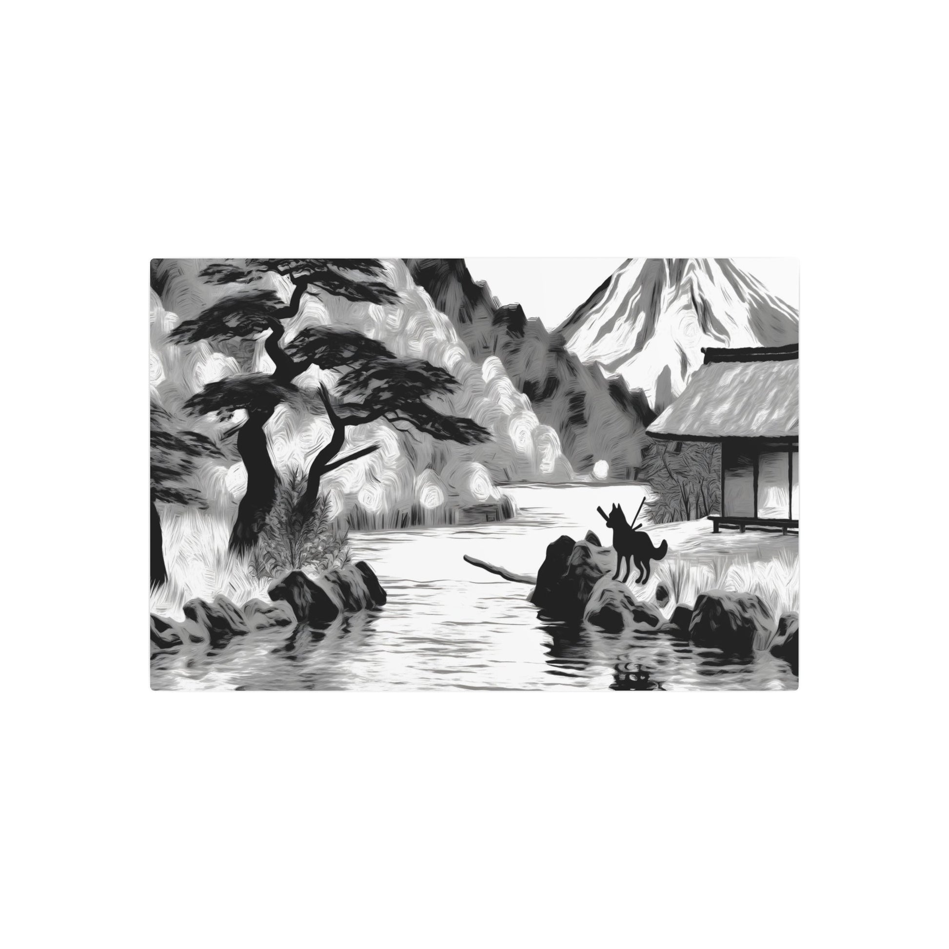 Metal Poster Art | "Serene Kano School Japanese Landscape Art with Playful Dog - Asian Art Styles Collection - Traditional Bold Brush Strokes, Muted Colors & Ink - Metal Poster Art 36″ x 24″ (Horizontal) 0.12''