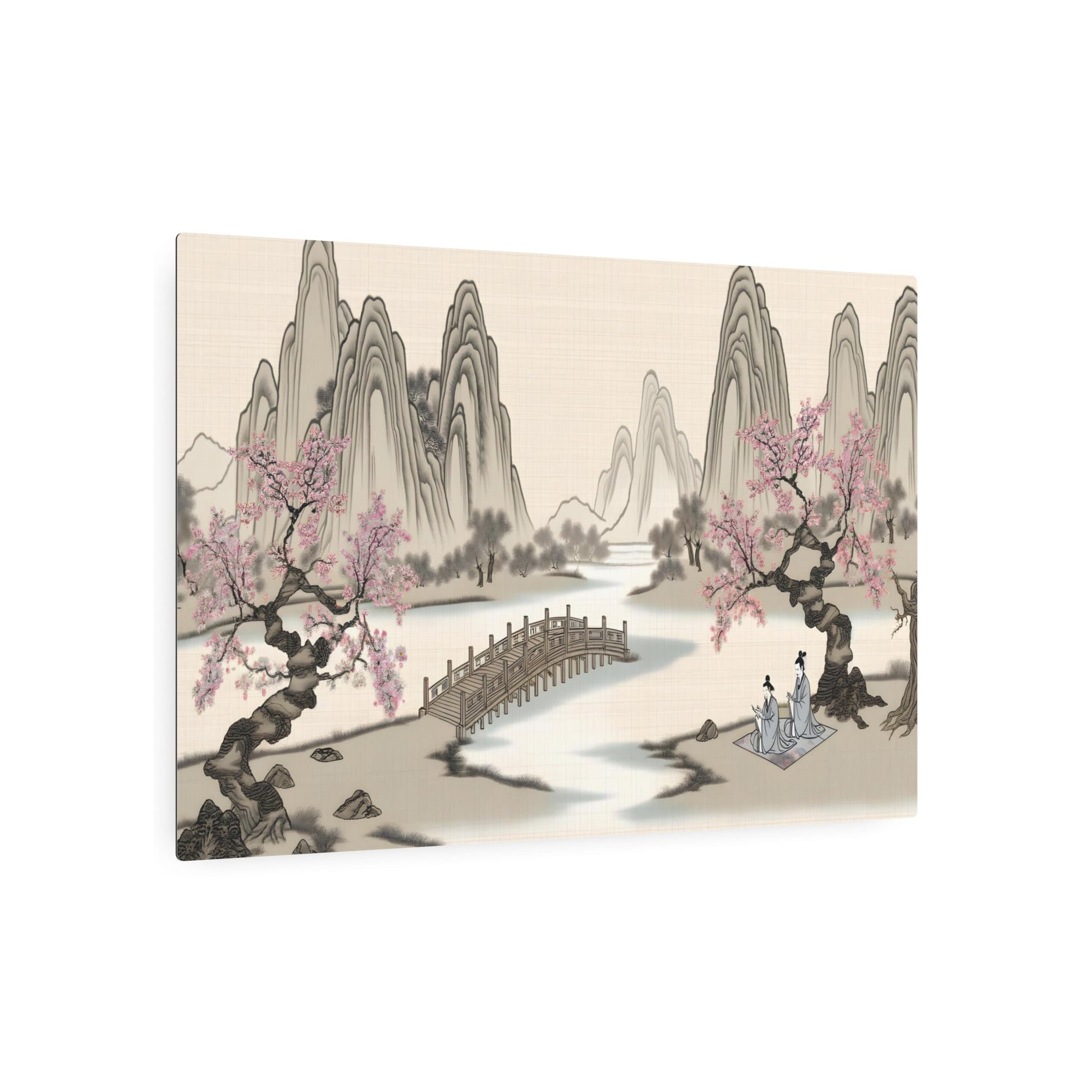 Metal Poster Art | "Traditional Chinese Silk Painting of Serene Mountain Landscape & Cherry Blossom Trees - Asian Art Styles, Sub-category: Chinese Silk Painting" - Metal Poster Art 36″ x 24″ (Horizontal) 0.12''