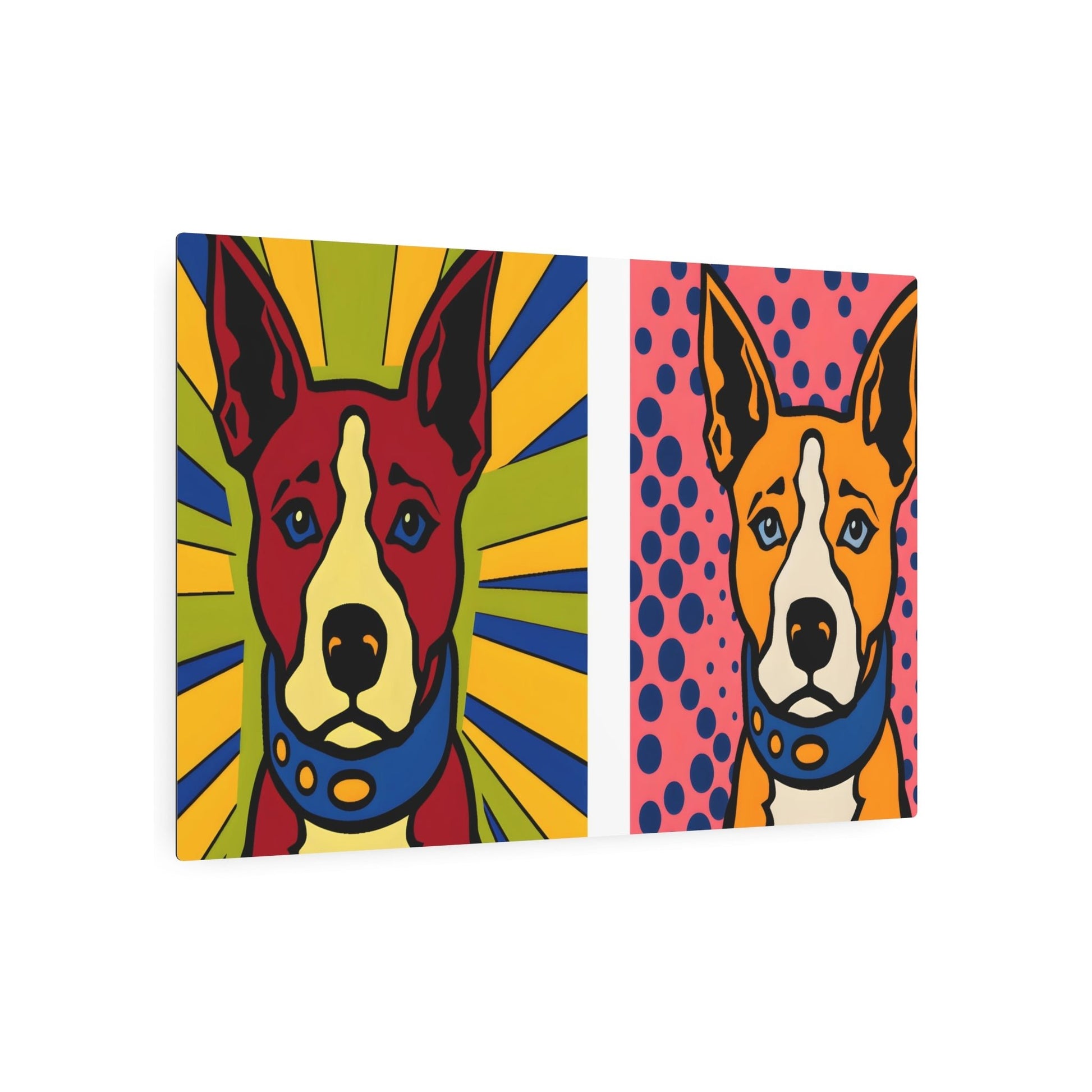 Metal Poster Art | "Modern Pop Art Painting: Vibrant, Colorful Dog in Andy Warhol Style with Roy Lichtenstein's Bold Dotted Background - Contemporary Pop - Metal Poster Art 36″ x 24″ (Horizontal) 0.12''