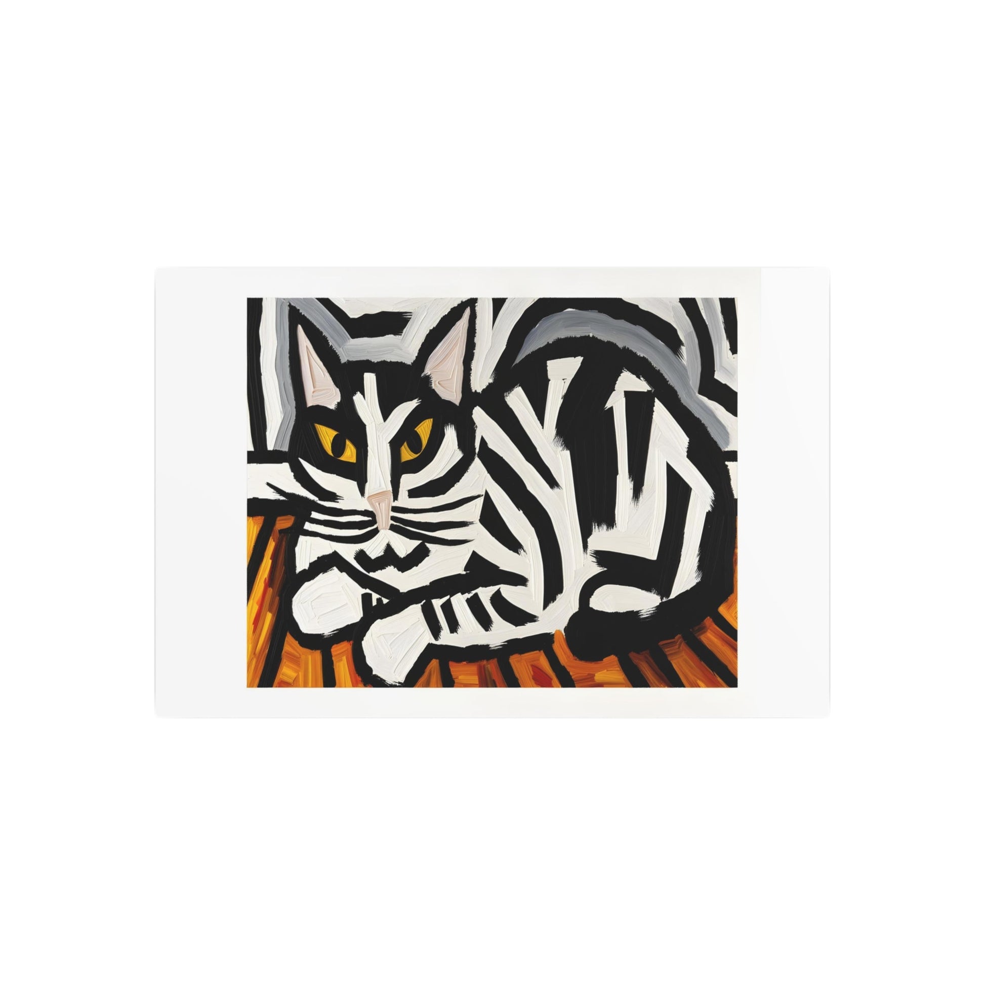 Metal Poster Art | "Expressionist Western Art Style: Emotional Black & White Striped Cat in Bold Distorted Shapes - Abstract Expressionism Artwork" - Metal Poster Art 36″ x 24″ (Horizontal) 0.12''