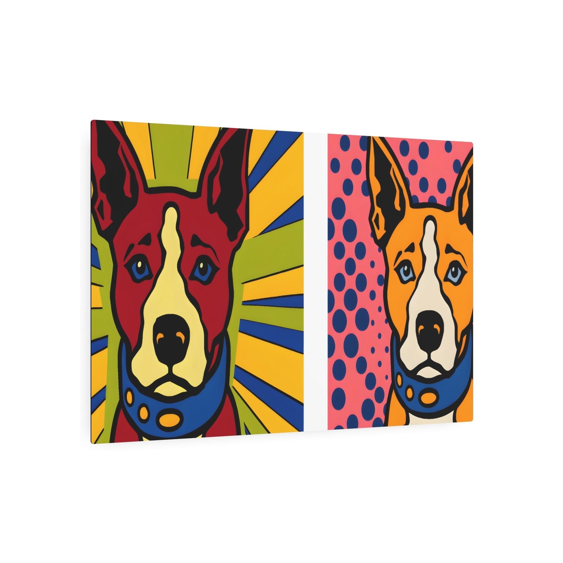 Metal Poster Art | "Modern Pop Art Painting: Vibrant, Colorful Dog in Andy Warhol Style with Roy Lichtenstein's Bold Dotted Background - Contemporary Pop - Metal Poster Art 36″ x 24″ (Horizontal) 0.12''