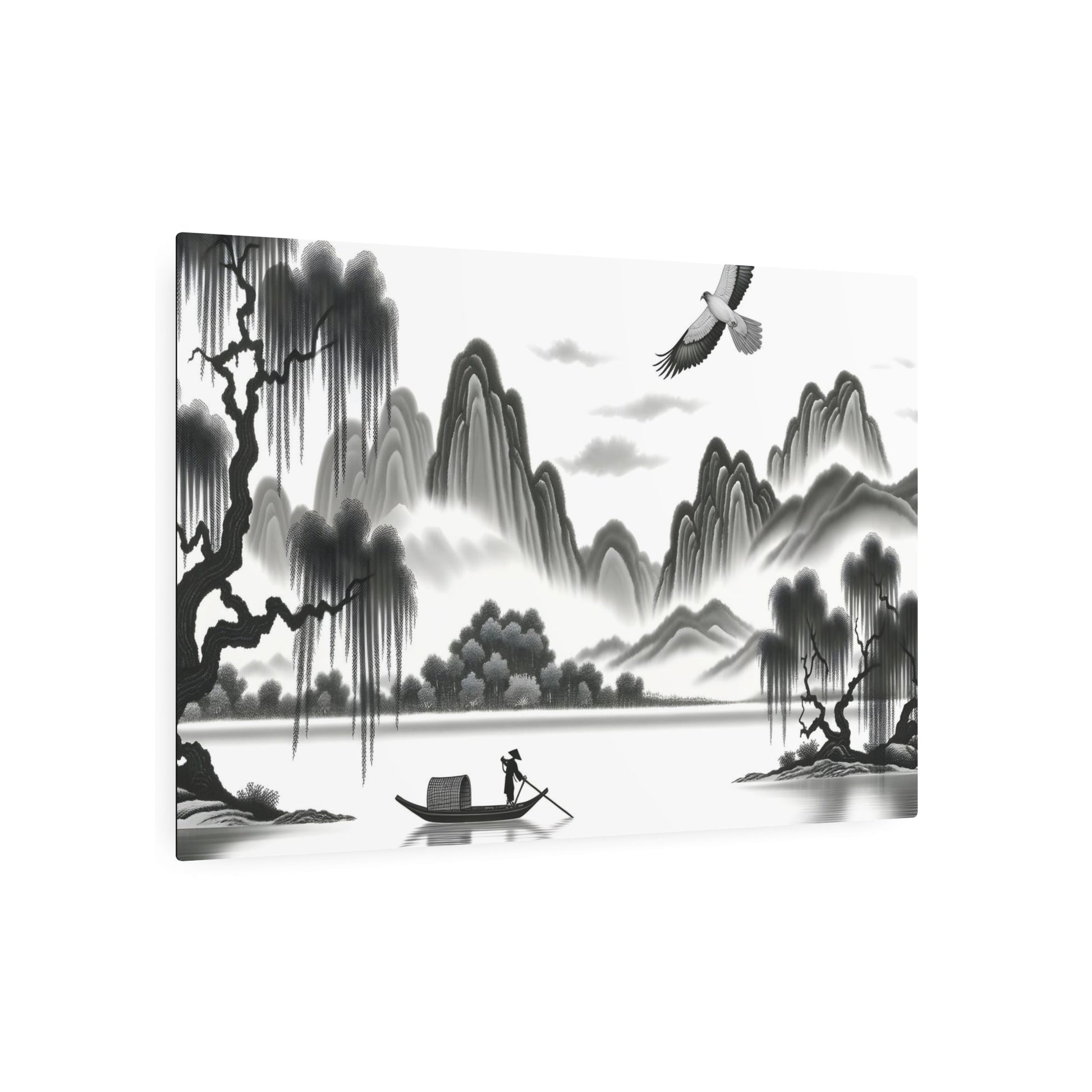 Metal Poster Art | "Harmony in Flight: Traditional Chinese Landscape Painting - Majestic Bird over Serene Lake and Misty Mountains - Minimalist Asian Art in Black, - Metal Poster Art 36″ x 24″ (Horizontal) 0.12''