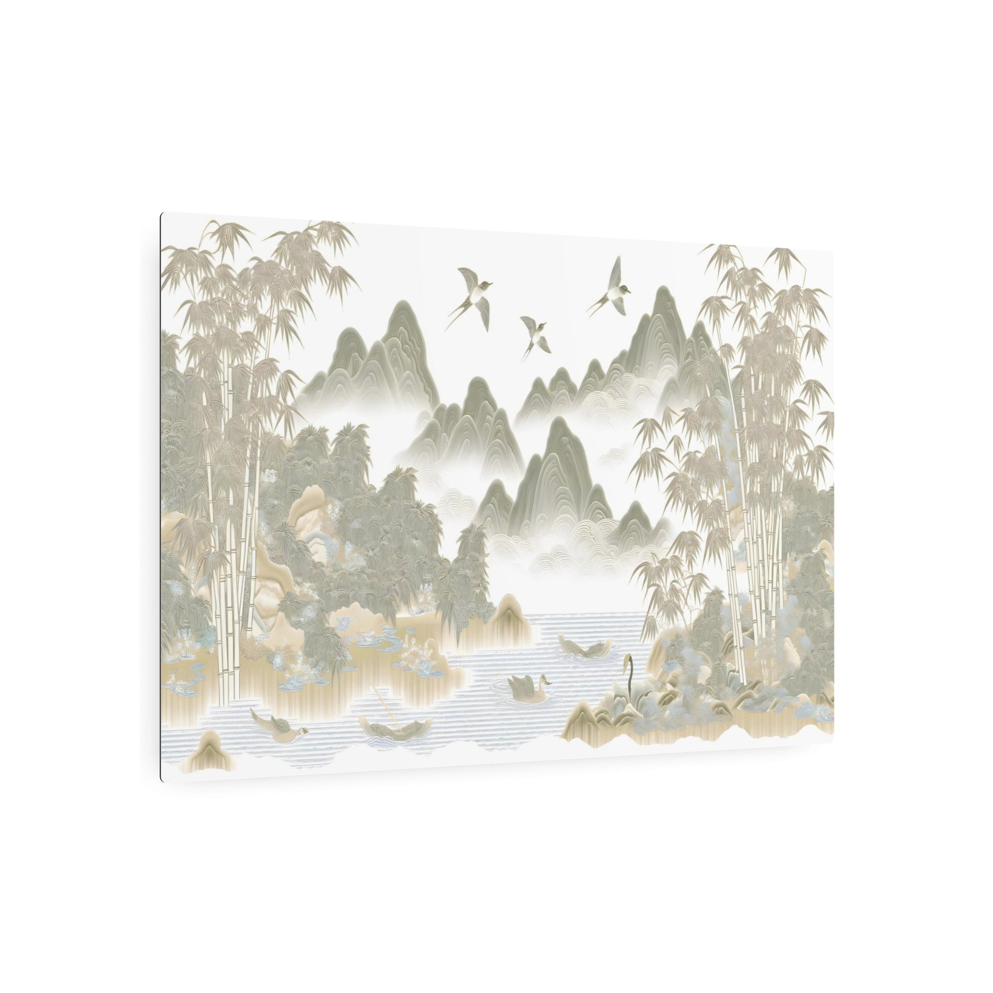 Metal Poster Art | "Traditional Chinese Silk Painting Artwork with Bamboo, Birds, and Mountain Landscape - Tranquil Asian Art in Subtle Rich Colors" - Metal Poster Art 36″ x 24″ (Horizontal) 0.12''