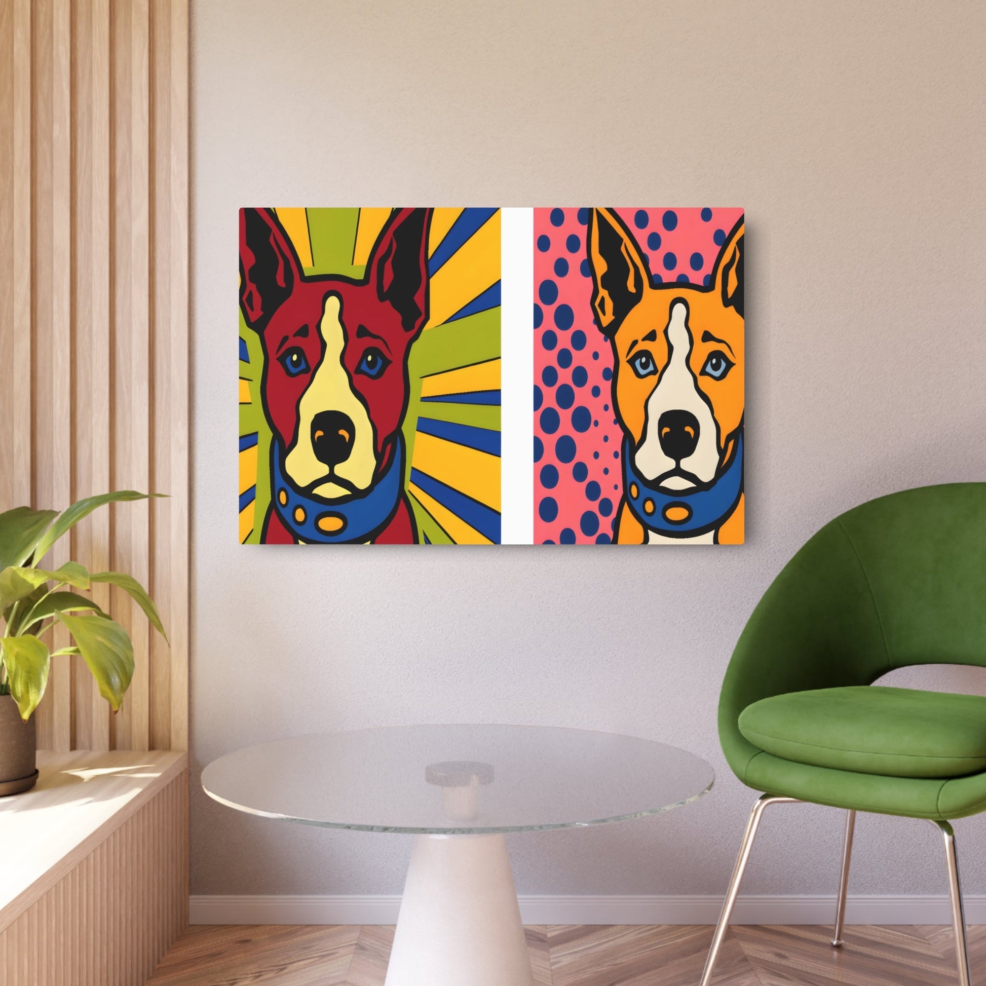 Metal Poster Art | "Modern Pop Art Painting: Vibrant, Colorful Dog in Andy Warhol Style with Roy Lichtenstein's Bold Dotted Background - Contemporary Pop - Metal Poster Art 36″ x 24″ (Horizontal) 0.12''