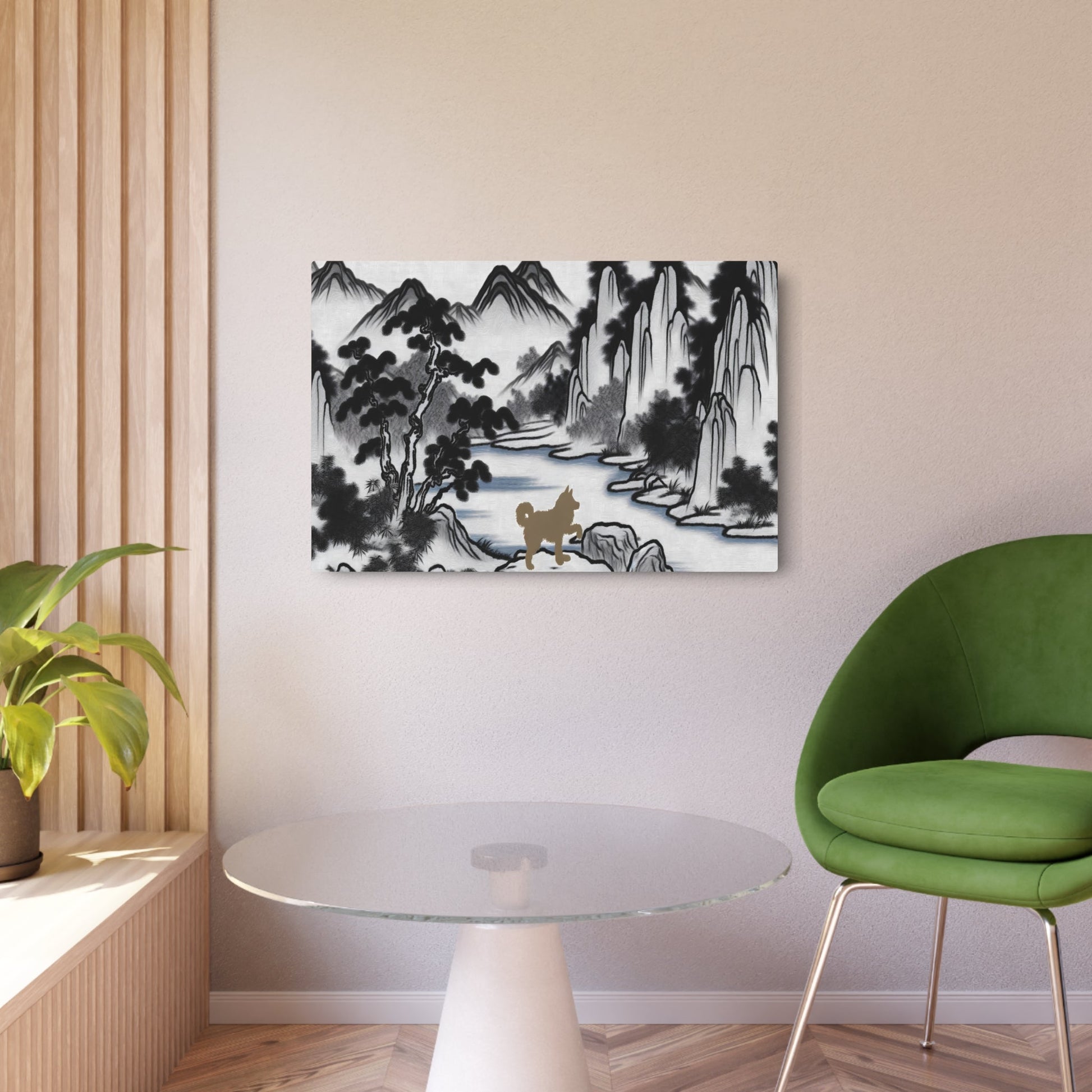 Metal Poster Art | "Traditional Chinese Landscape Art Piece with Dog Interaction - Asian Art Styles, Chinese Landscape Category" - Metal Poster Art 36″ x 24″ (Horizontal) 0.12''